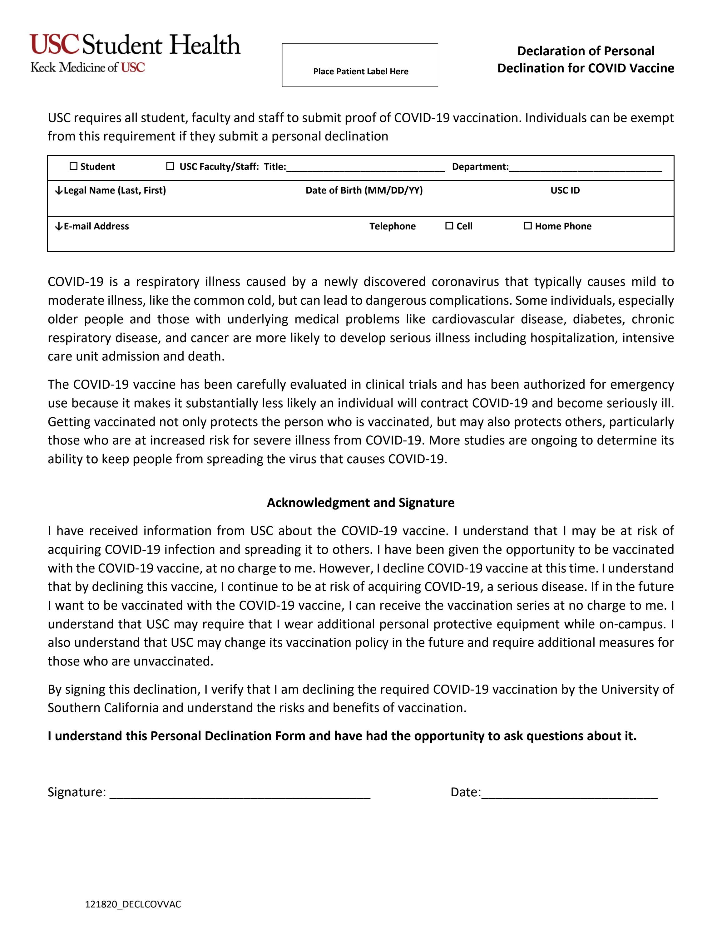 Declaration of Personal Declination for COVID Vaccine by ...