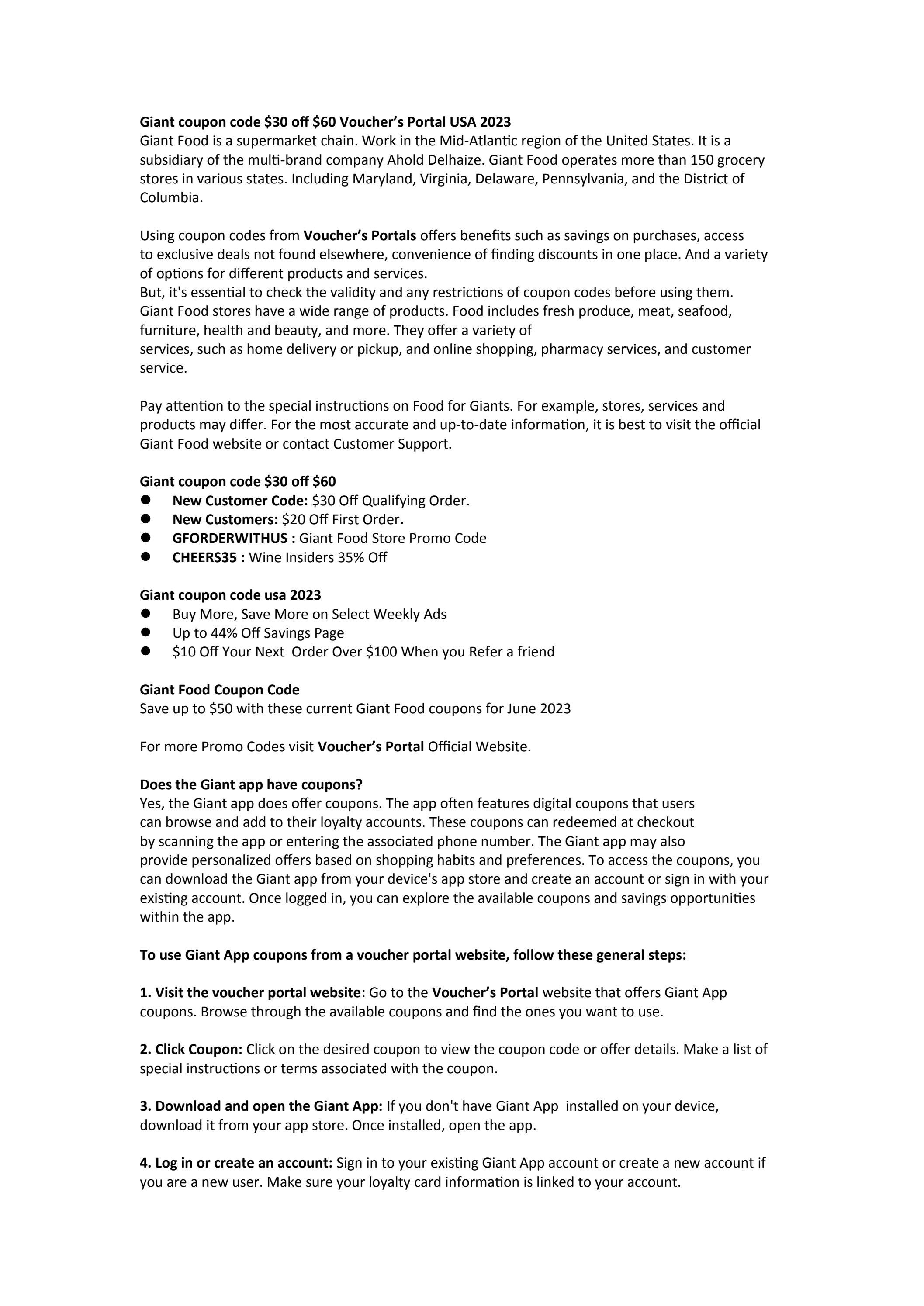 Giant coupon code 30 off 60 Voucher’s Portal USA 2023 by Shailendra