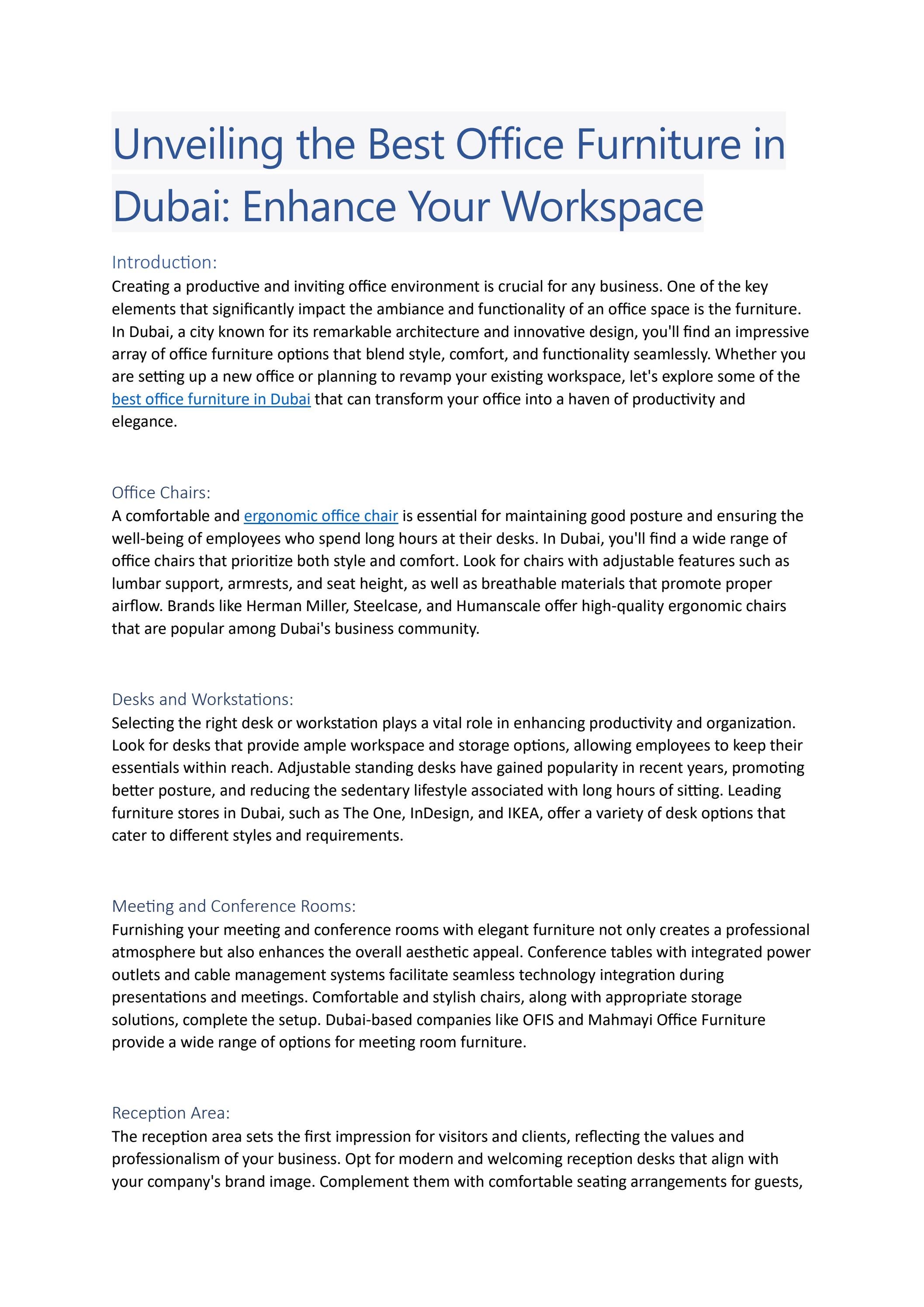 Unveiling the Best Office Furniture in Dubai Enhance Your Workspace by