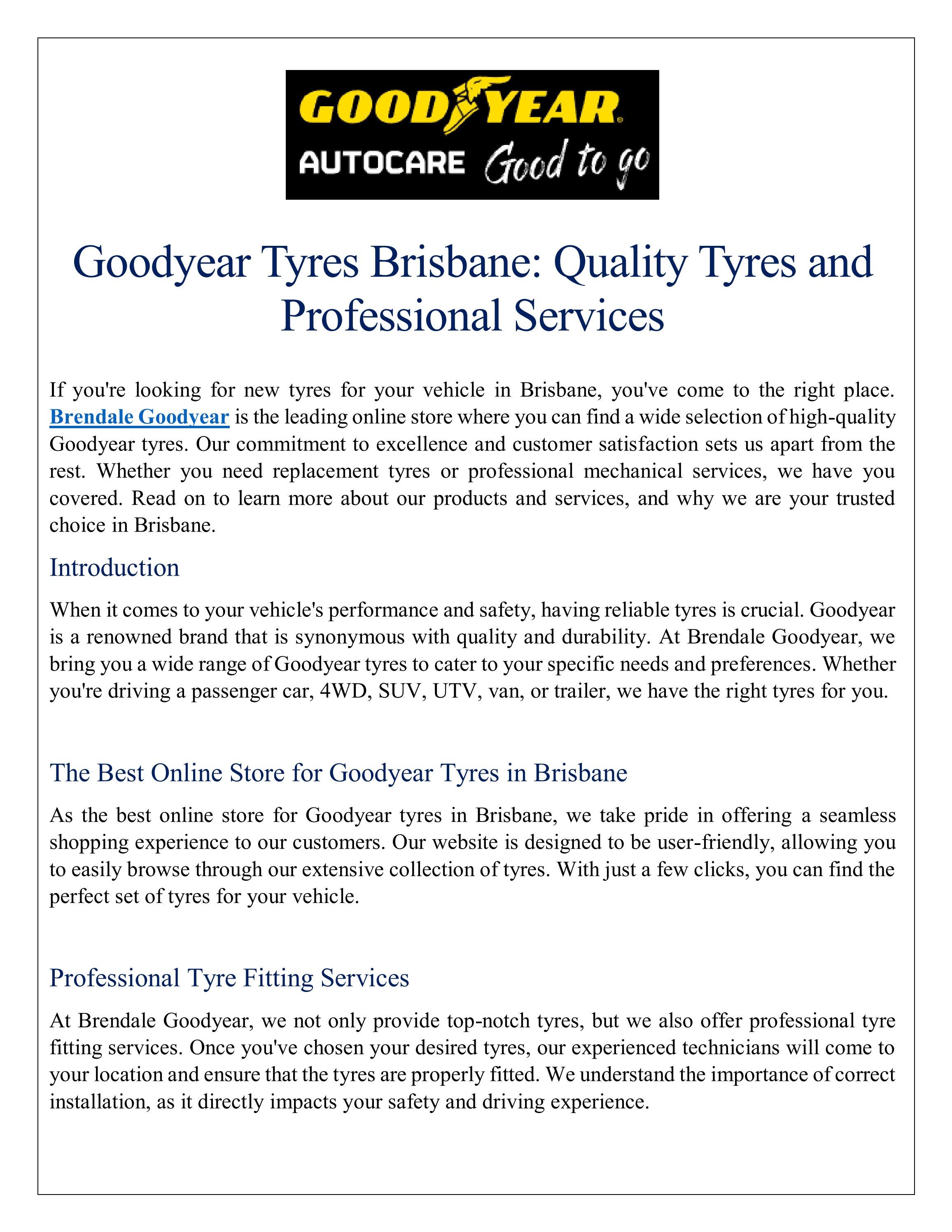 Get the Best Goodyear Tyres in Brisbane with Brendale Goodyear by