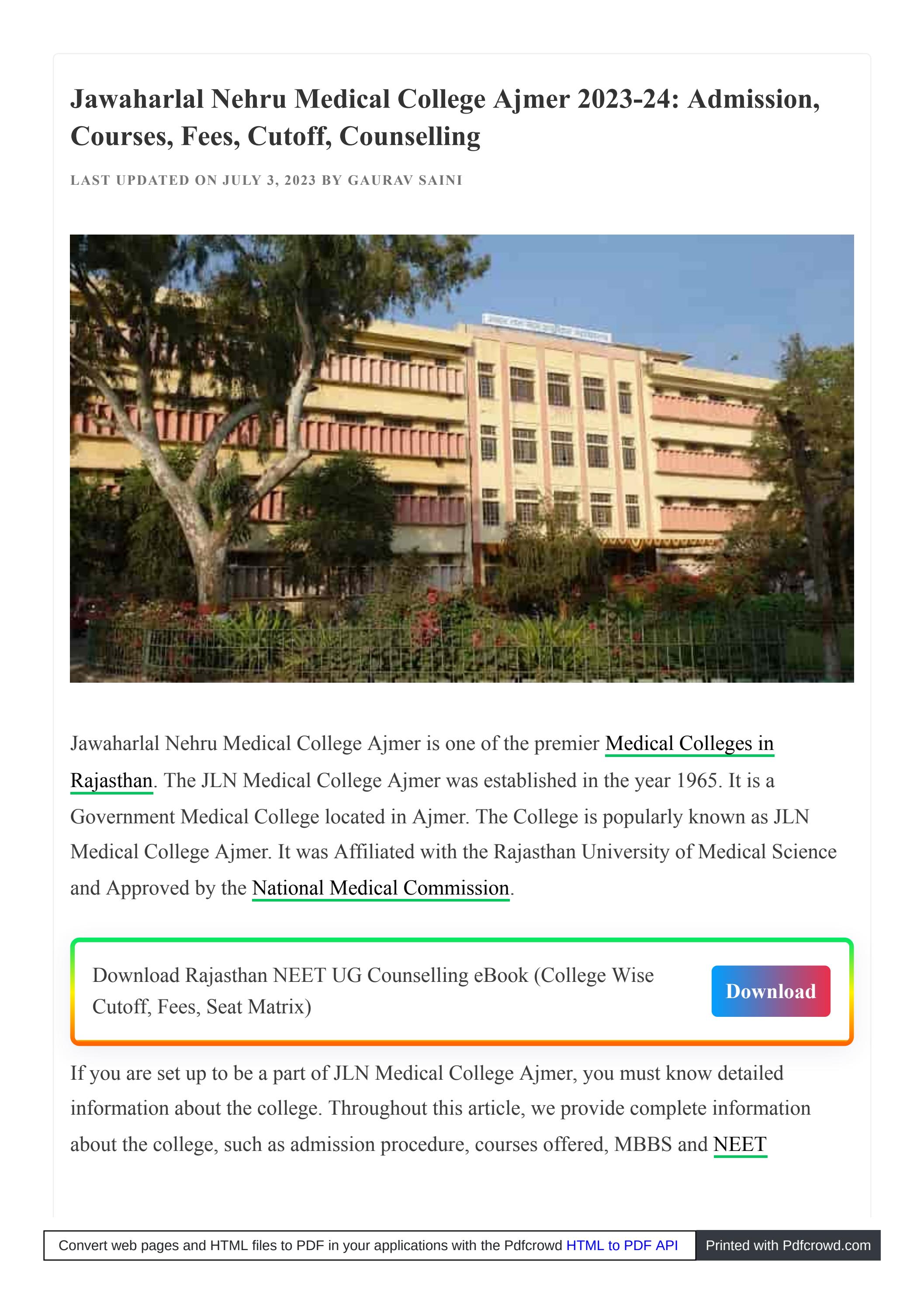 Secure your Medical Carrier with JLN Medical College Ajmer for MBBS in