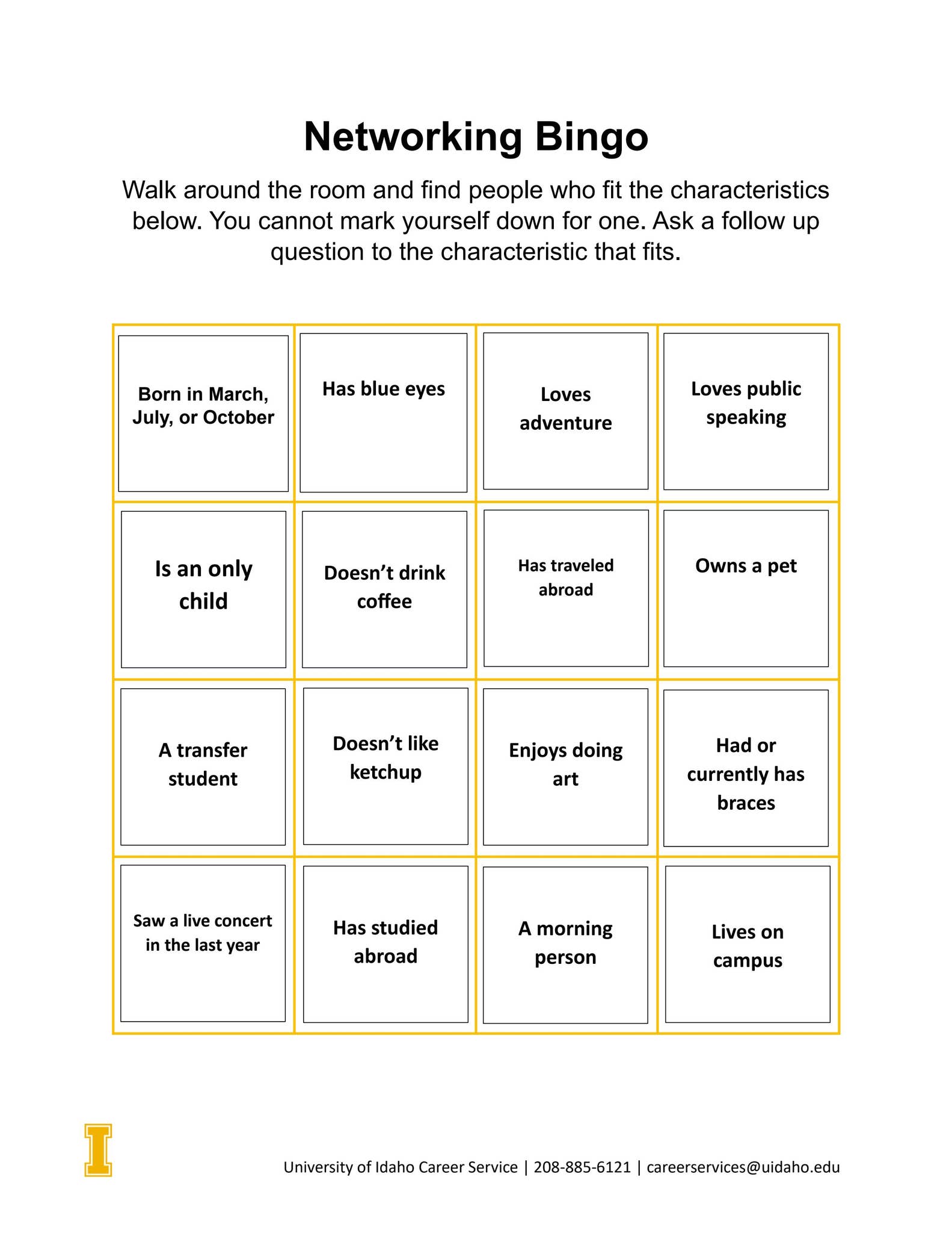 Networking Bingo by The University of Idaho - Issuu