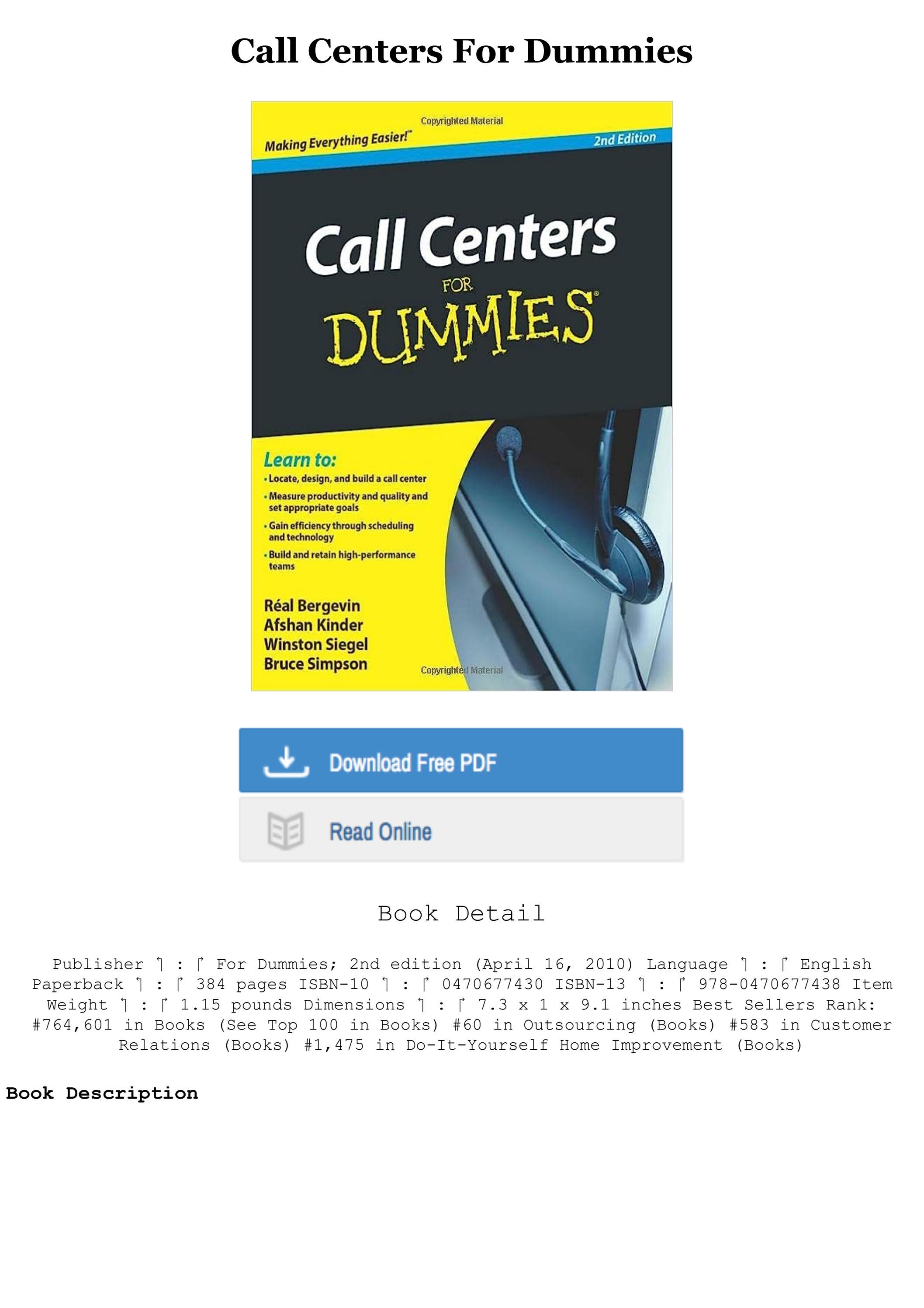 [FREE] [DOWNLOAD] Call Centers For Dummies Full PDF Online by liyuvegie
