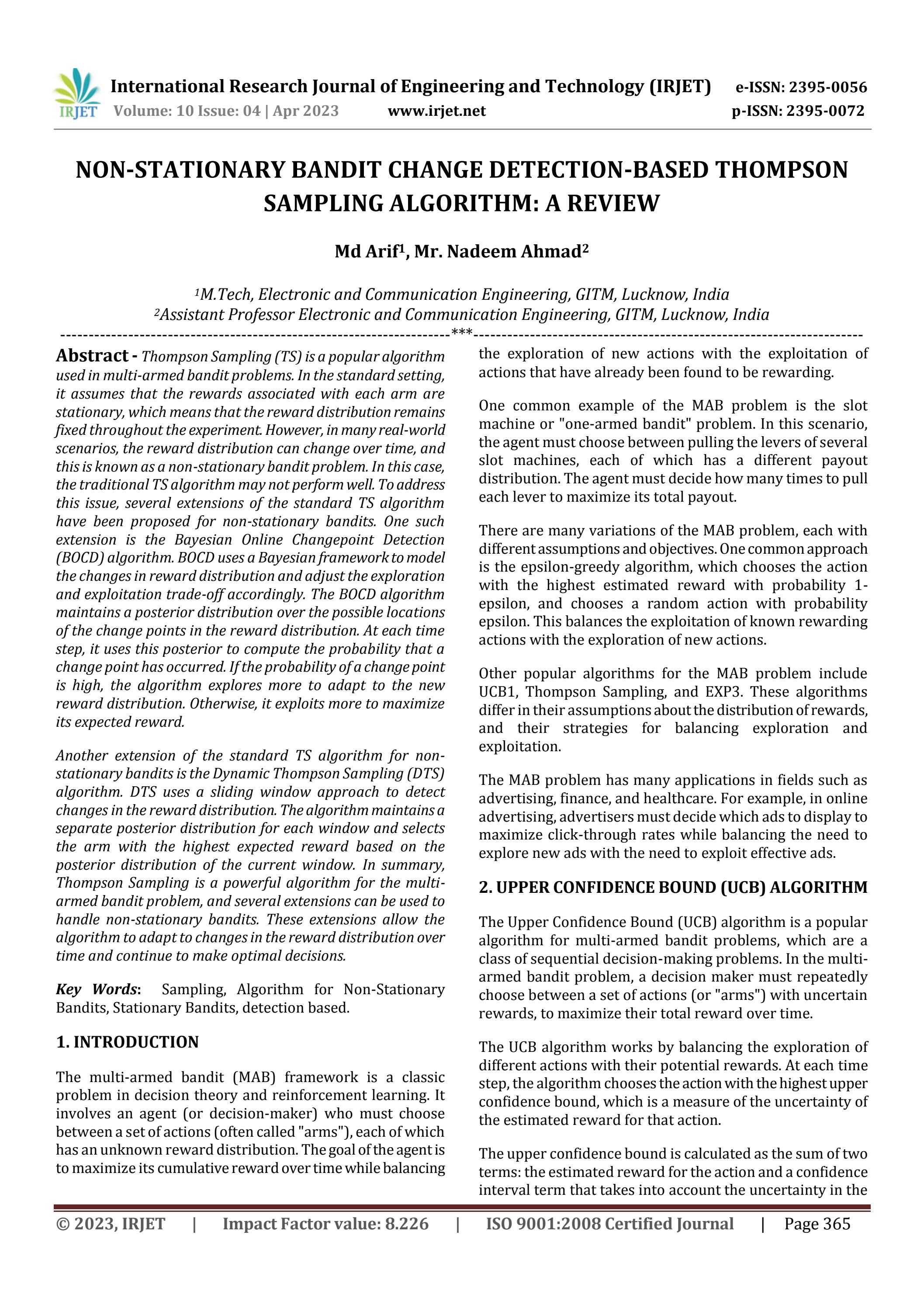NON-STATIONARY BANDIT CHANGE DETECTION-BASED THOMPSON SAMPLING ...
