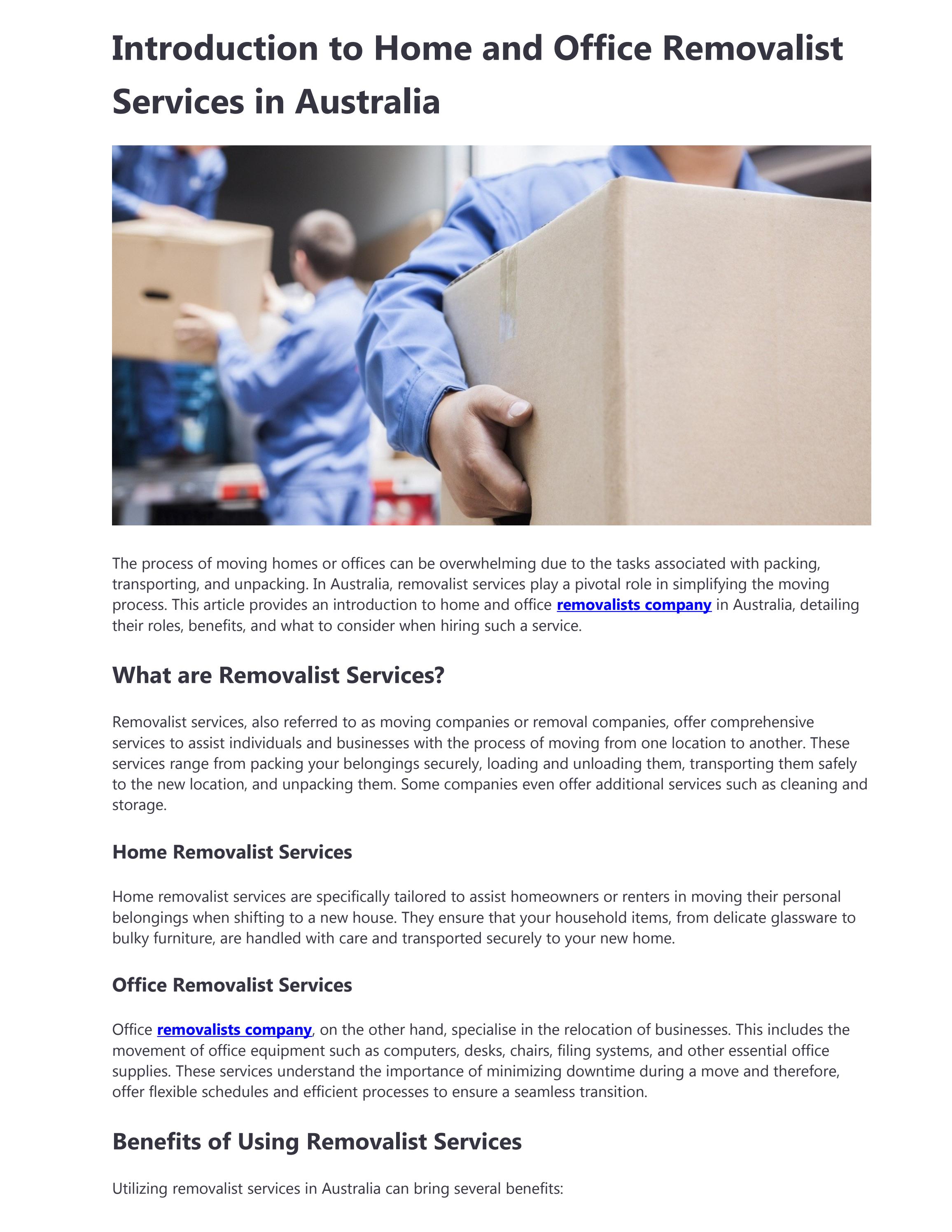Introduction to Home and Office Removalist Services in Australia by