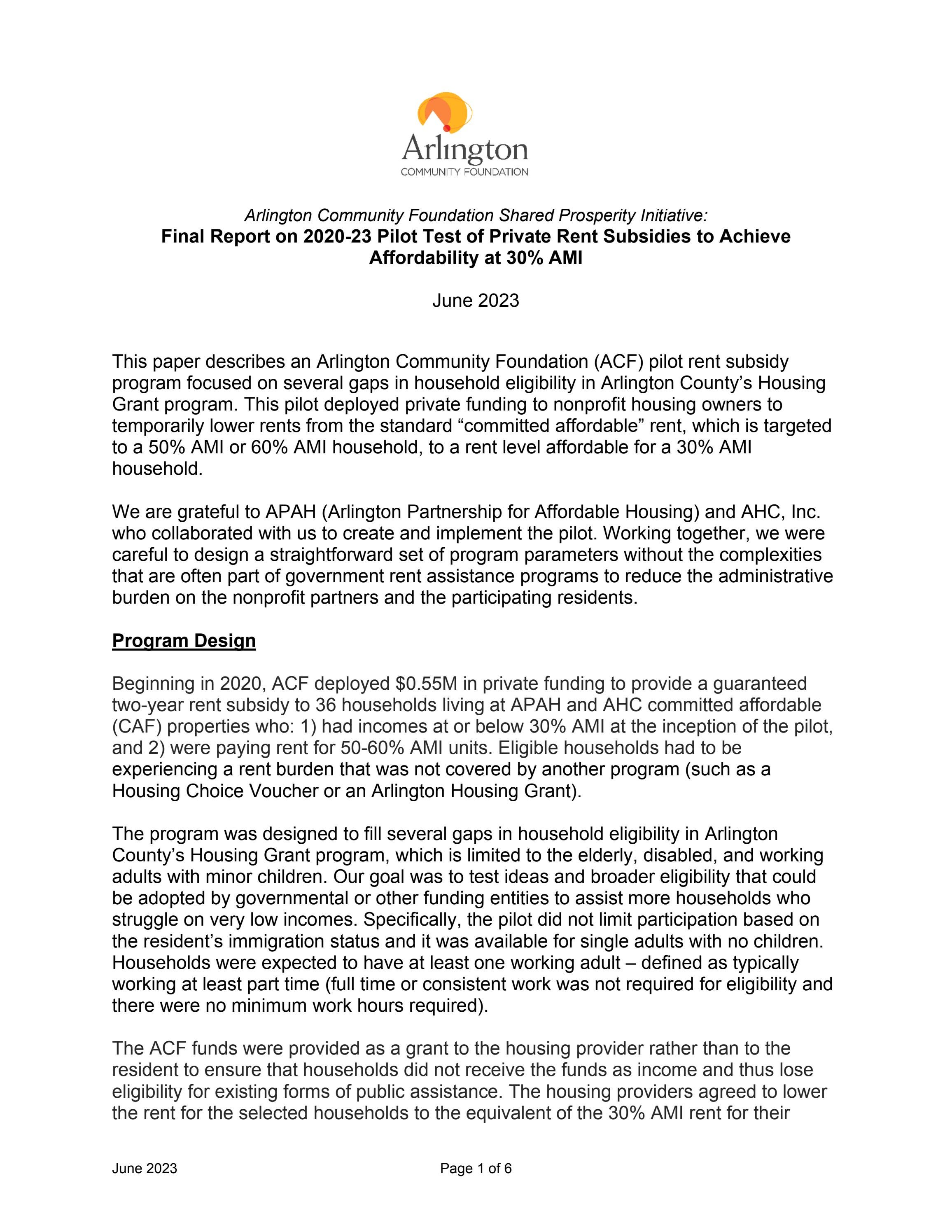 Report on 202023 Pilot Test of Private Rent Subsidies by arlcf Issuu