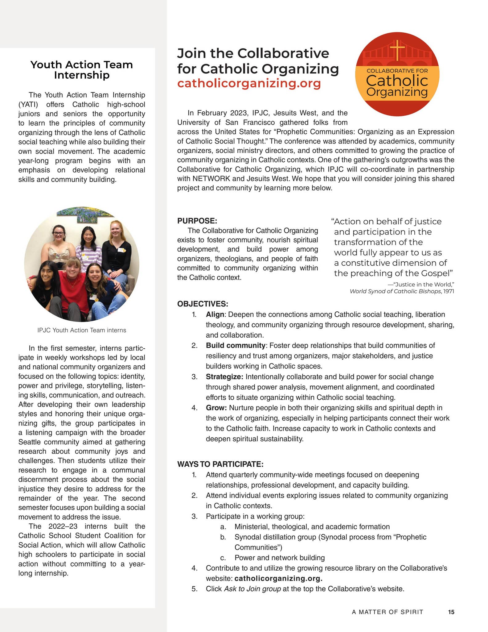 Join the Collaborative for Catholic Organizing; YATI by Intercommunity ...