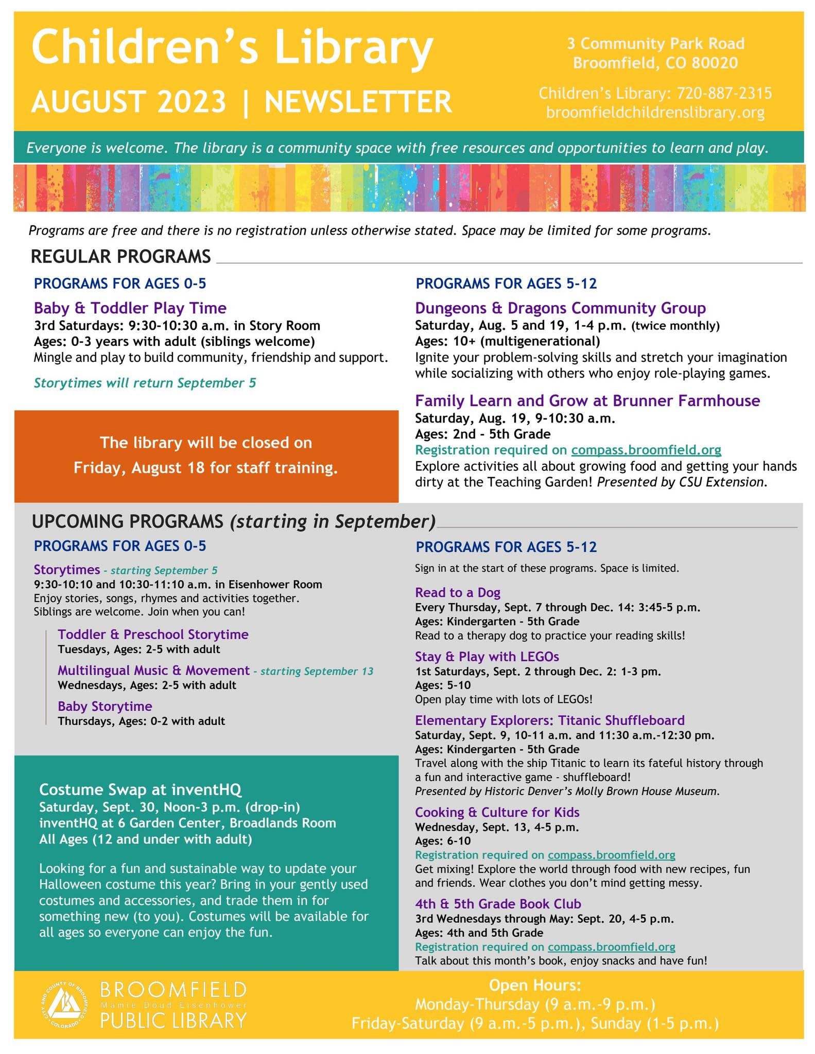 Broomfield Library Children's Newsletter August 2023 by City and