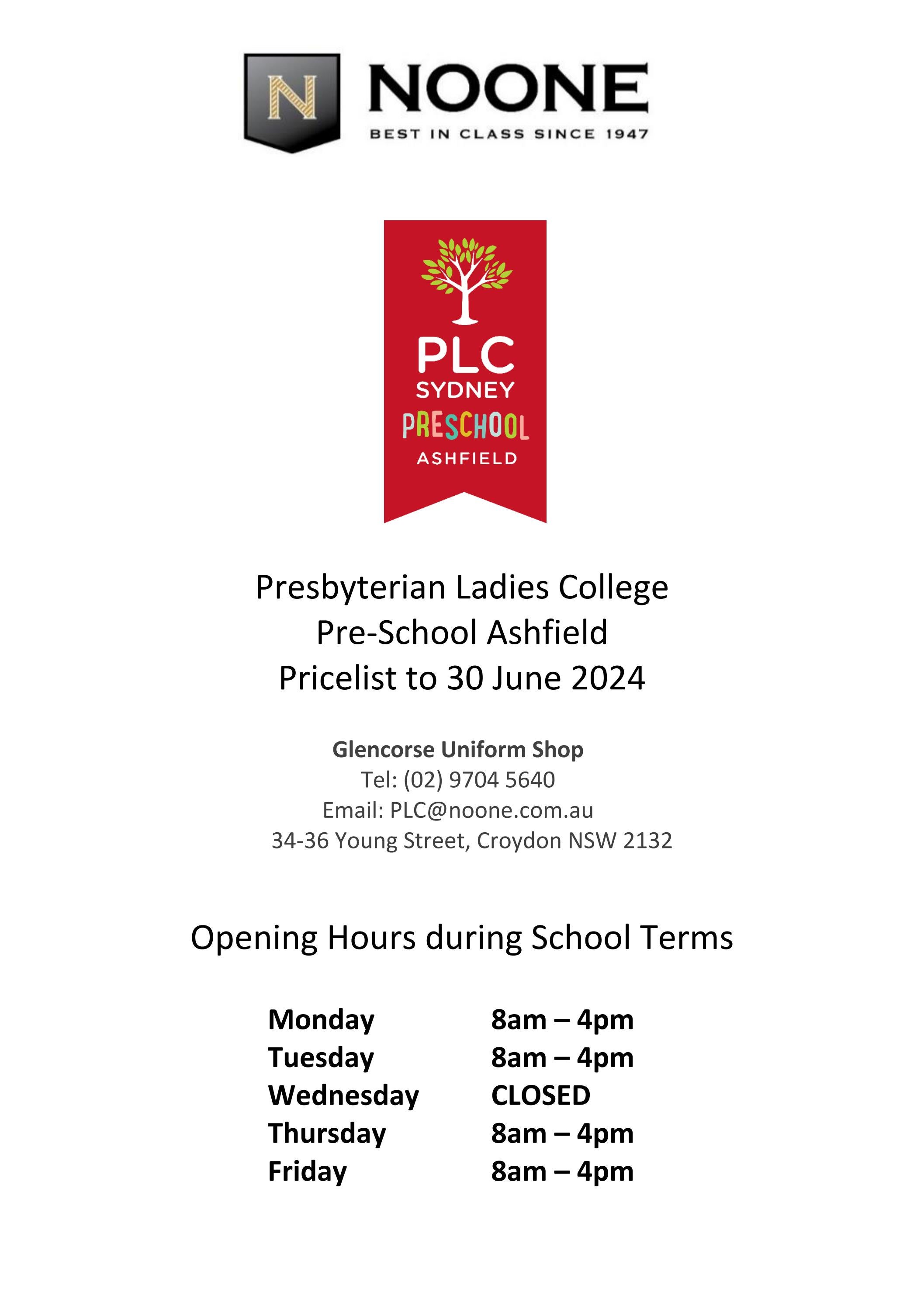 PLC Sydney Preschools Ashfield Uniform Pricelist to 30 June 2024 by