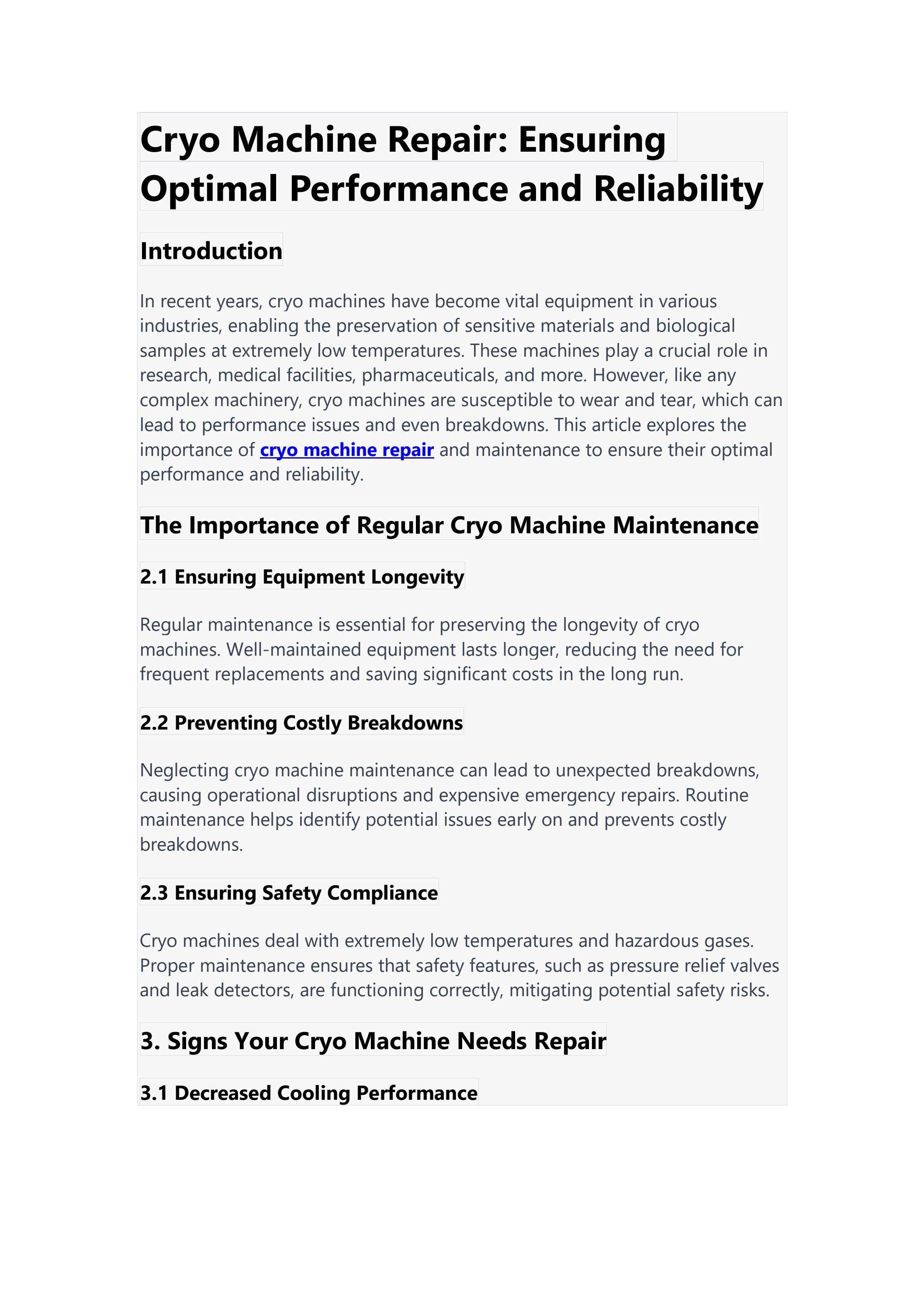 Cryo Machine Repair Ensuring Optimal Performance and Reliability by