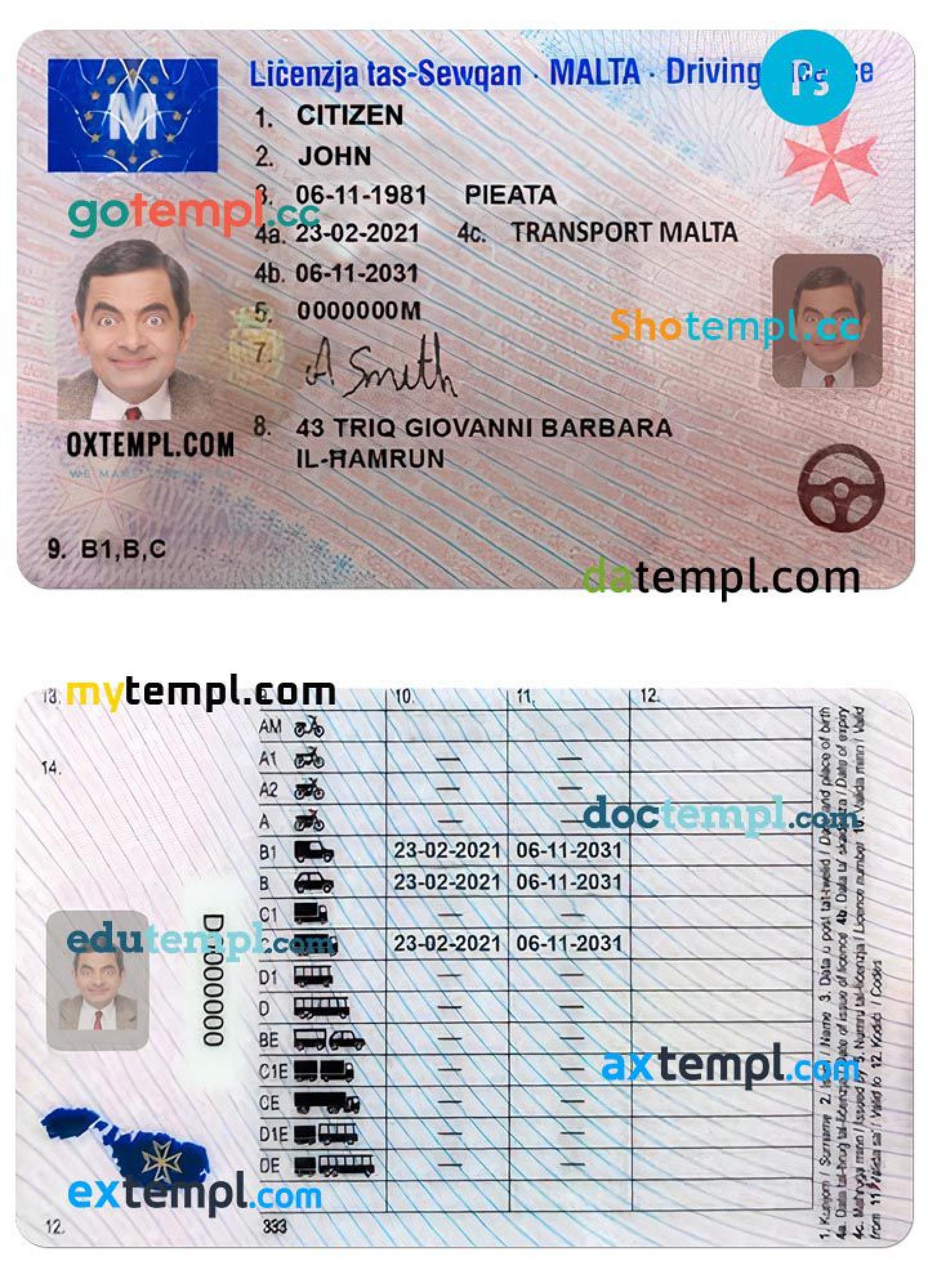 Malta driving license template in PSD format, with fonts by Shotempl