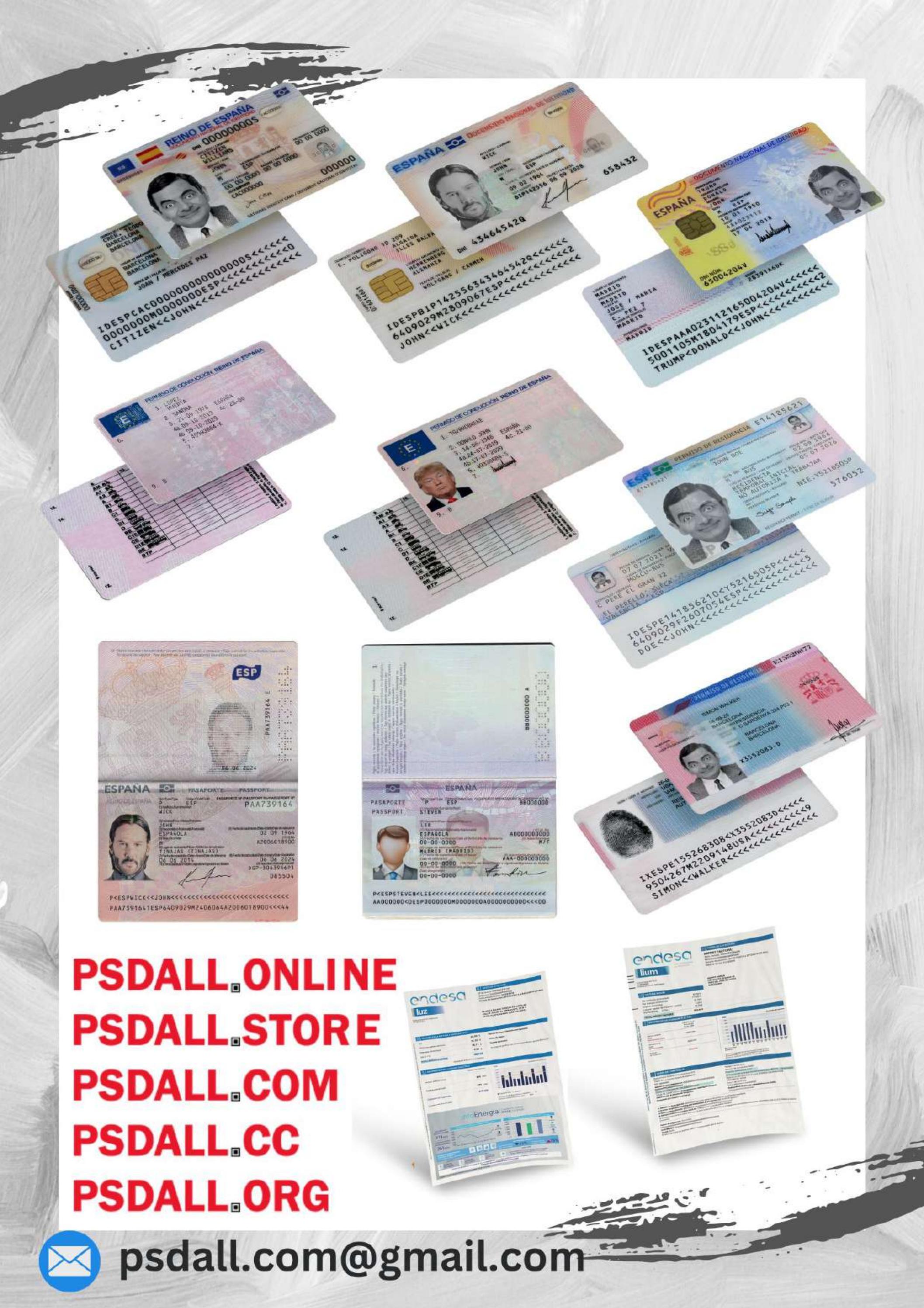 Spain ID Card, Driver License, Residence Permit Card, Passport, Utility