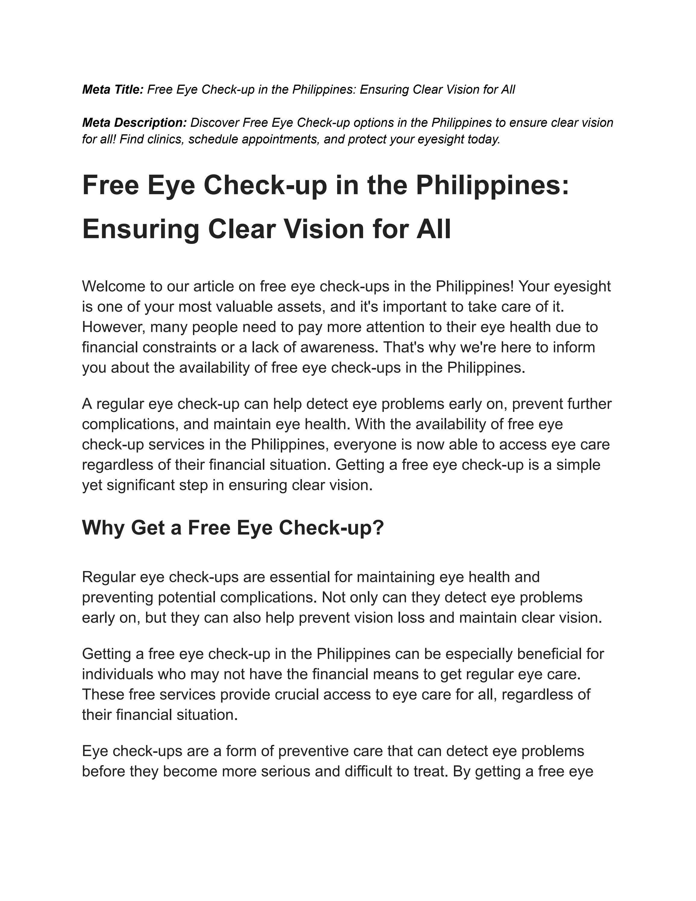 Free Eye Checkup in the Philippines Ensuring Clear Vision for All by