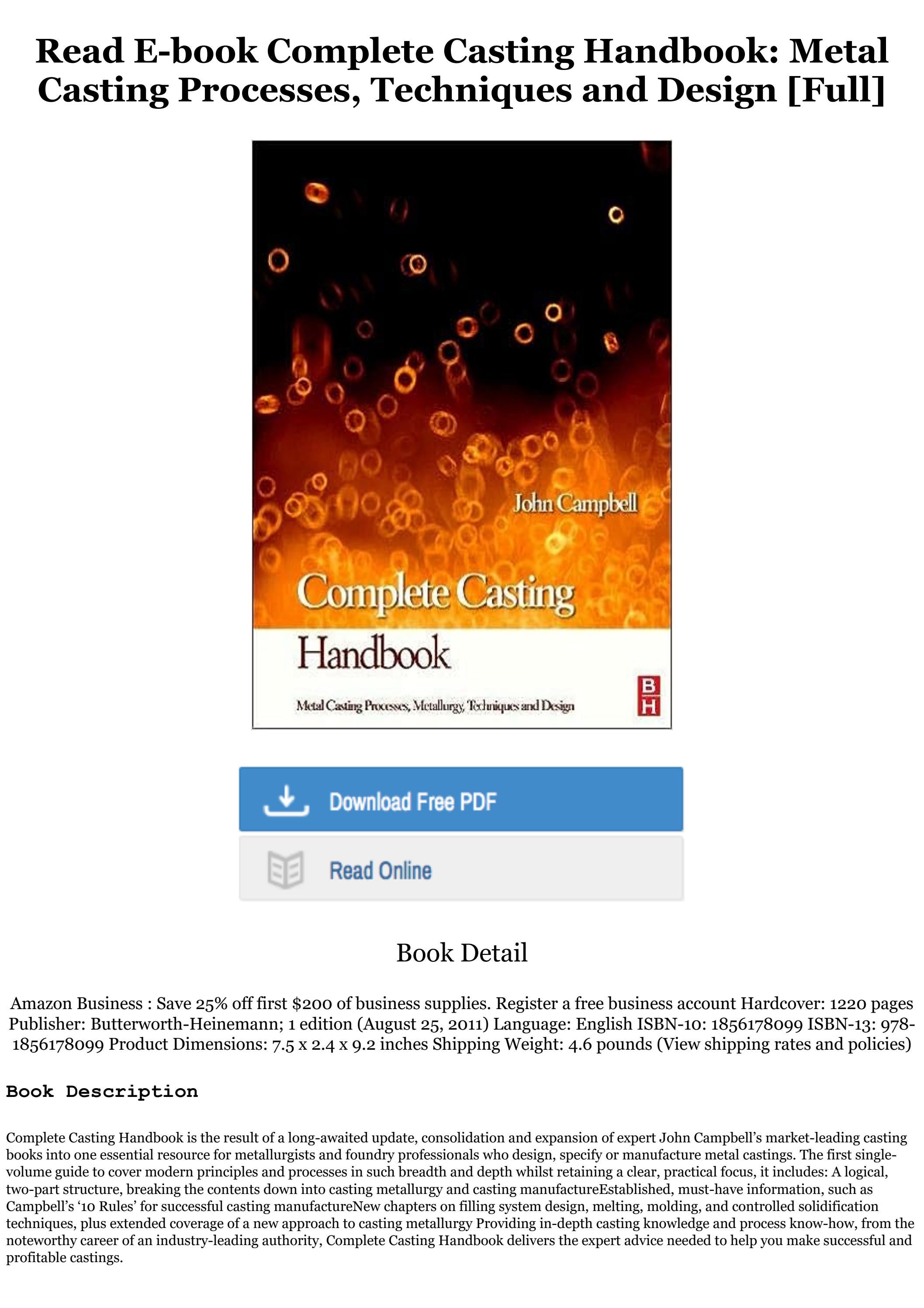 Free Download Complete Casting Handbook Metal Casting Processes