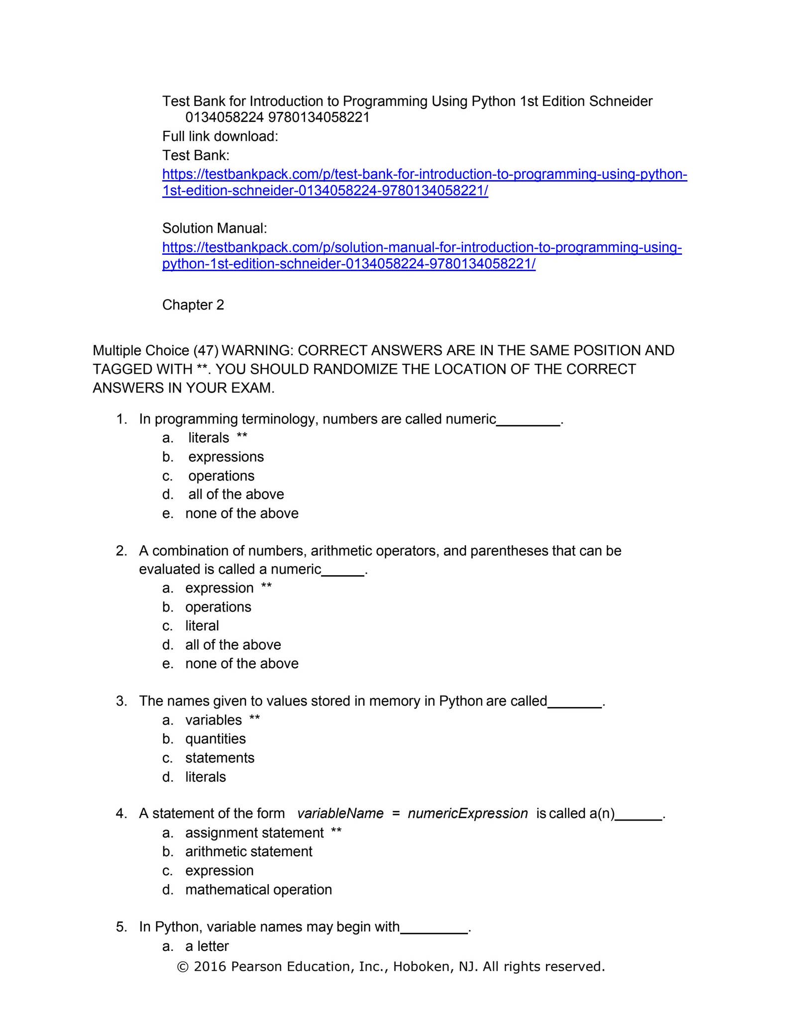 Test bank for introduction to programming using python 1st edition ...