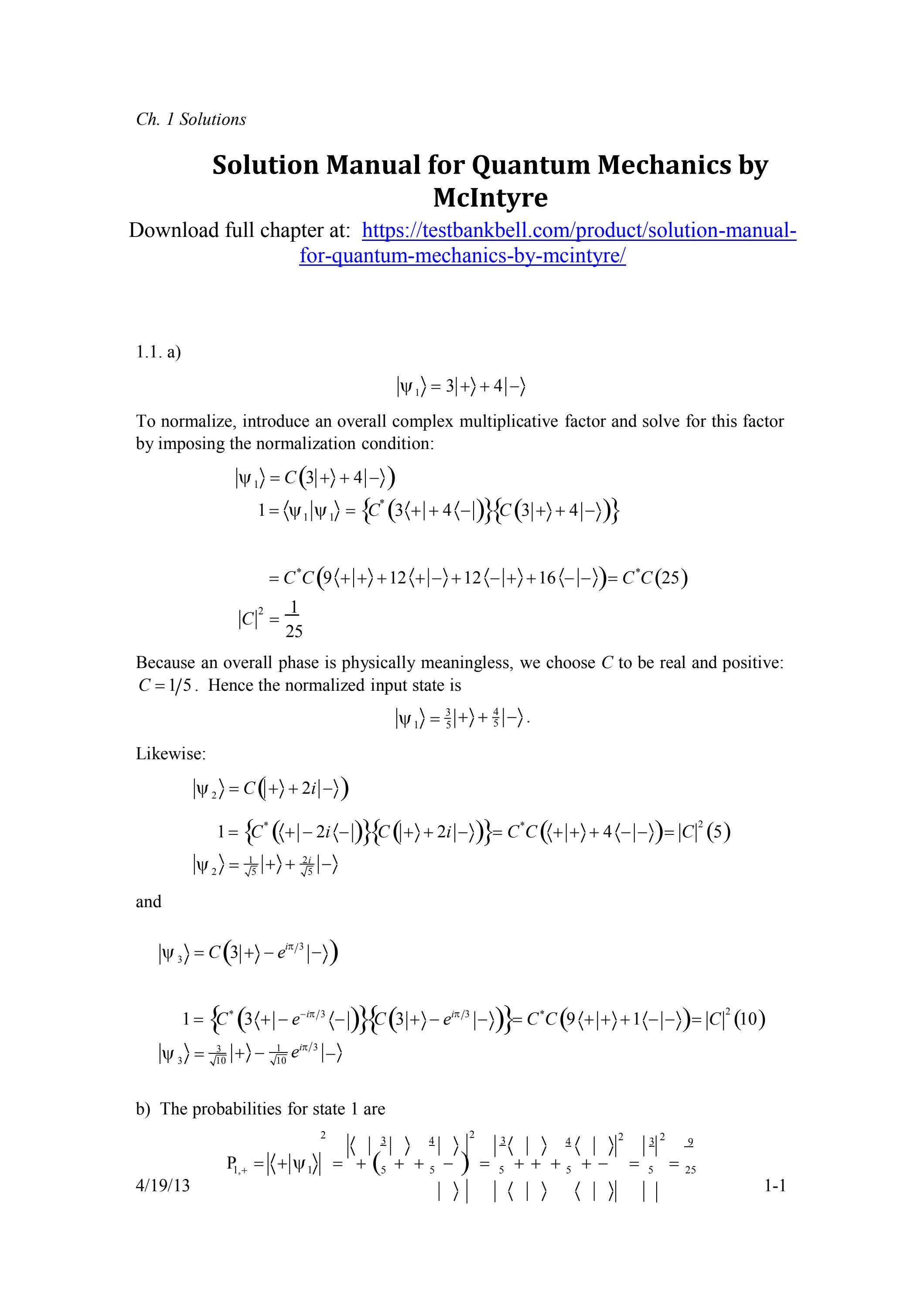 Solution manual for quantum mechanics by mcintyre by christopher