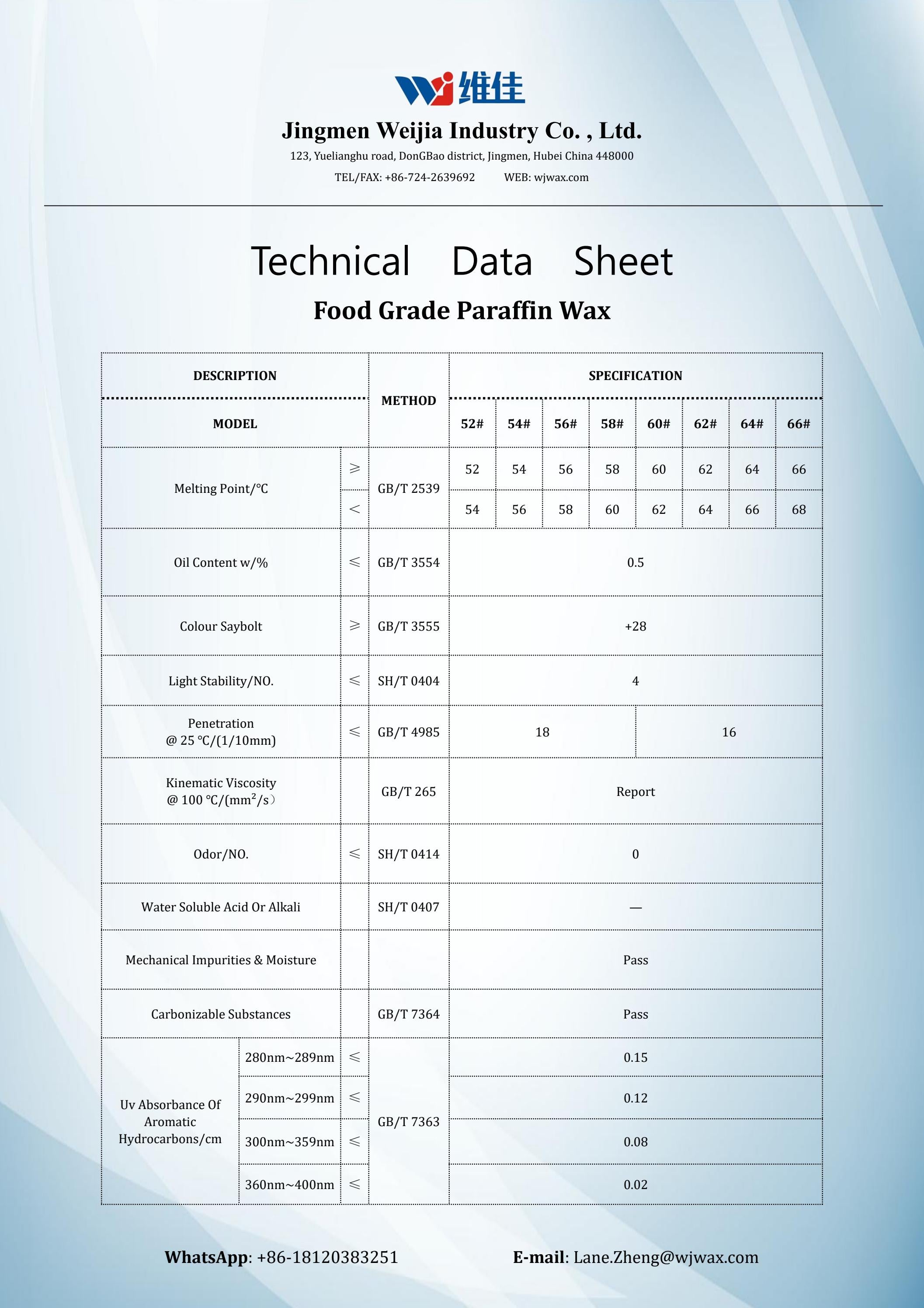 Food Grade Paraffin Wax for Bubble Gum Paper TDS.PDF by Jingmen Weijia