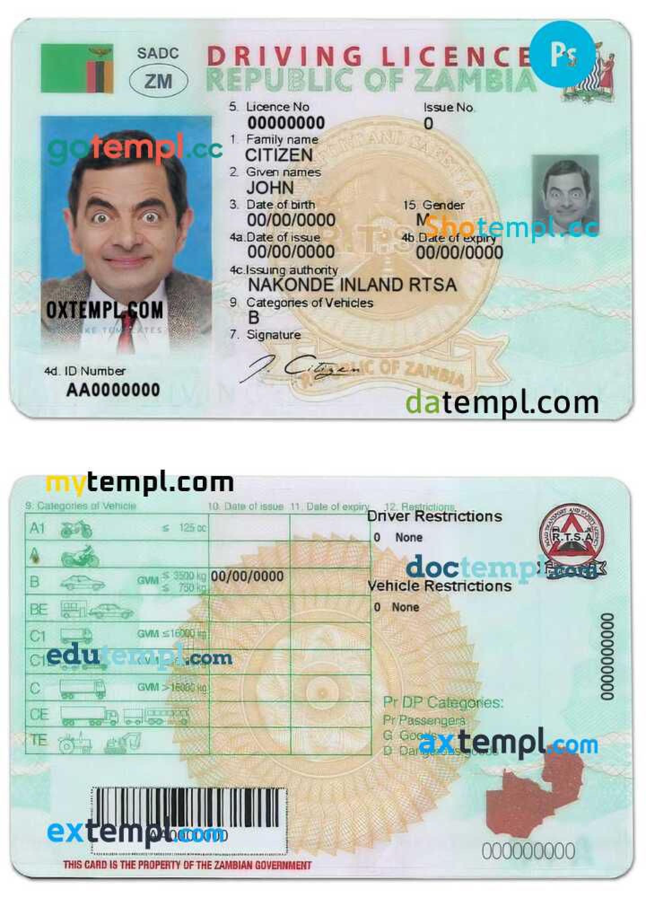 Zambia driver’s permit template in PSD format, fully editable by