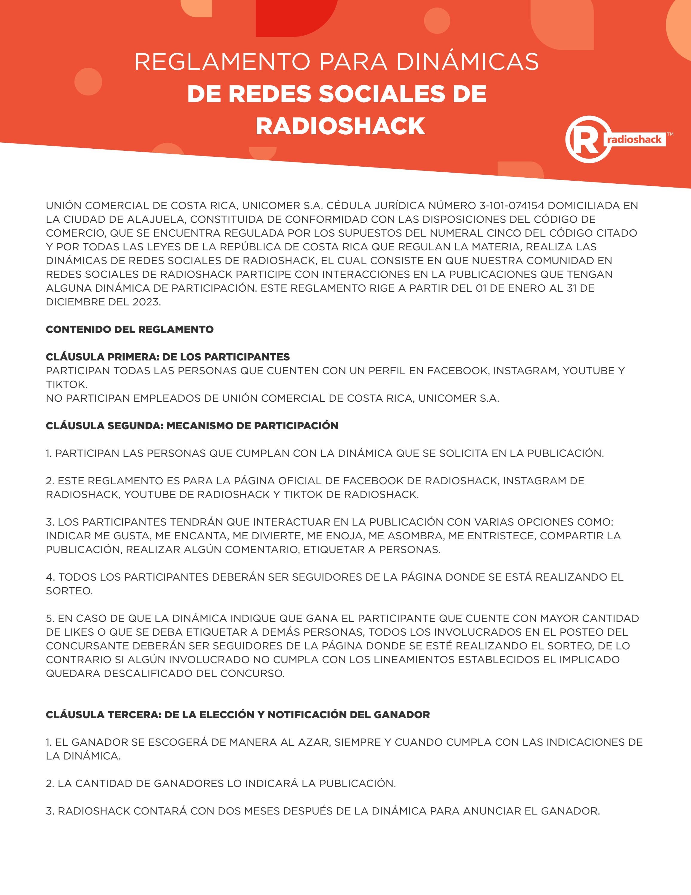 REGLAMENTO PARA DINAMICAS EN FACEBOOK RADIOSHACK by RadioShack Costa
