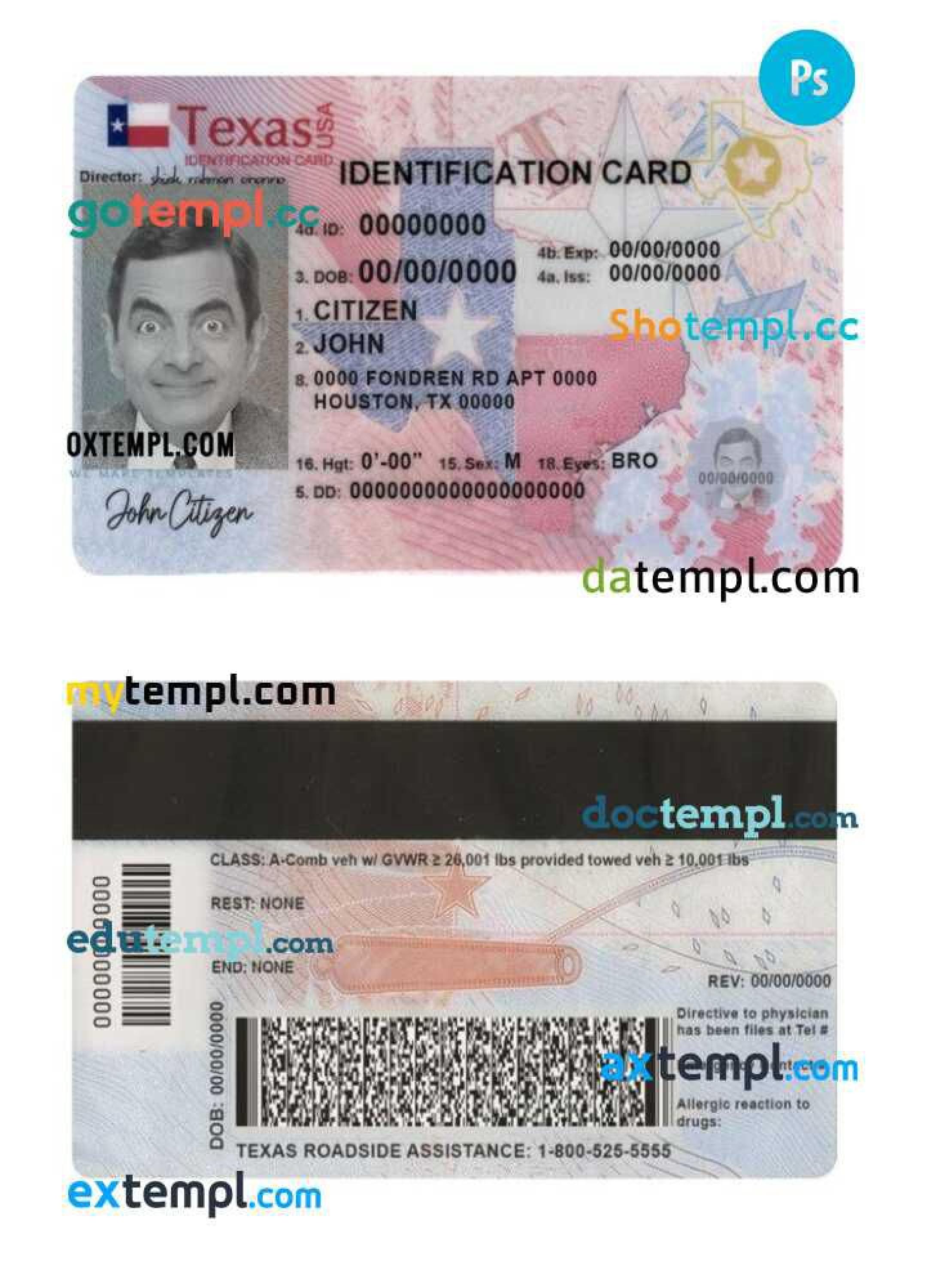 USA Texas State ID Card Template In PSD Format Fully Editable 2020