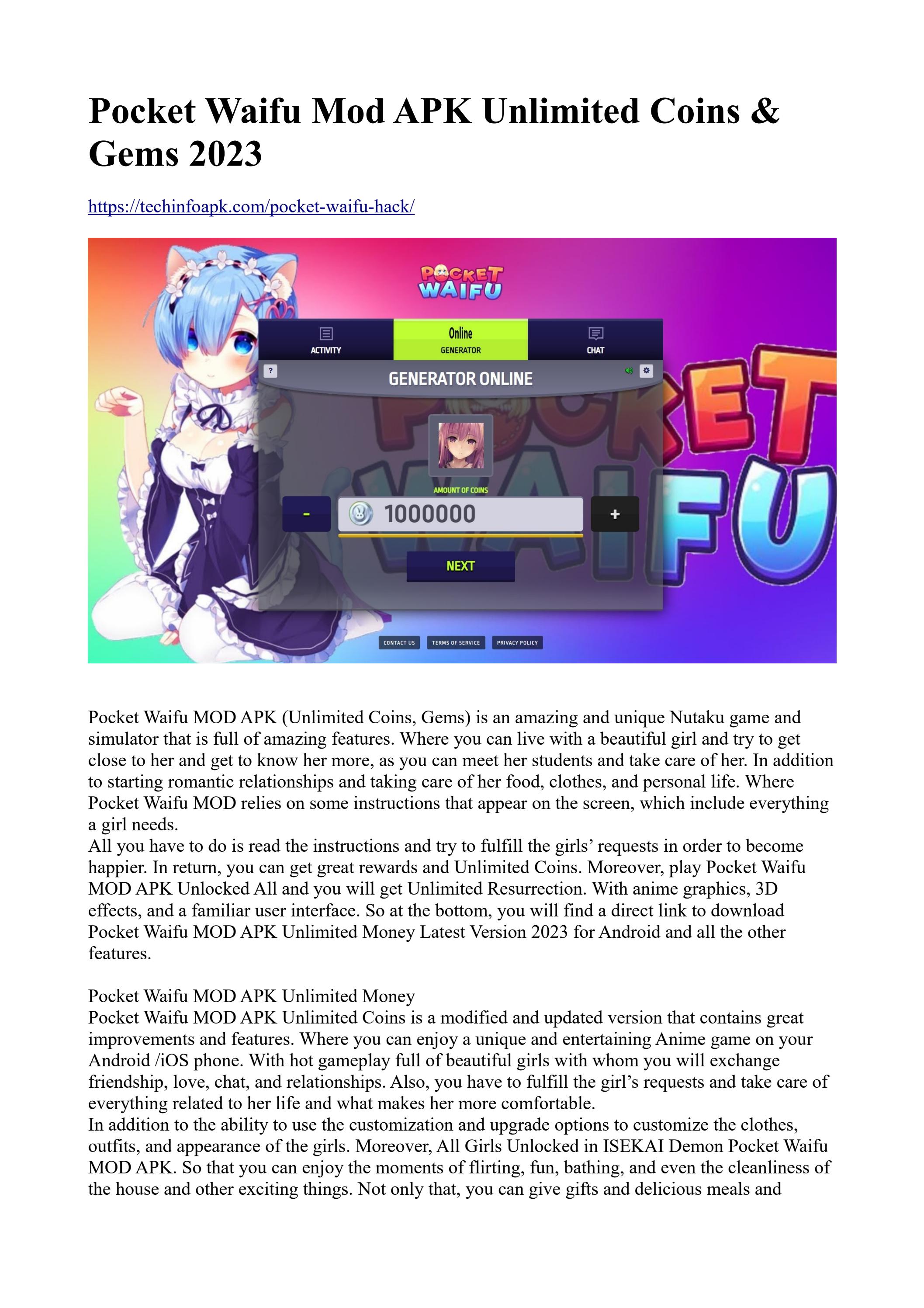 Pocket Waifu Mod APK Unlimited Coins & Gems 2023 by pocketwaifunew