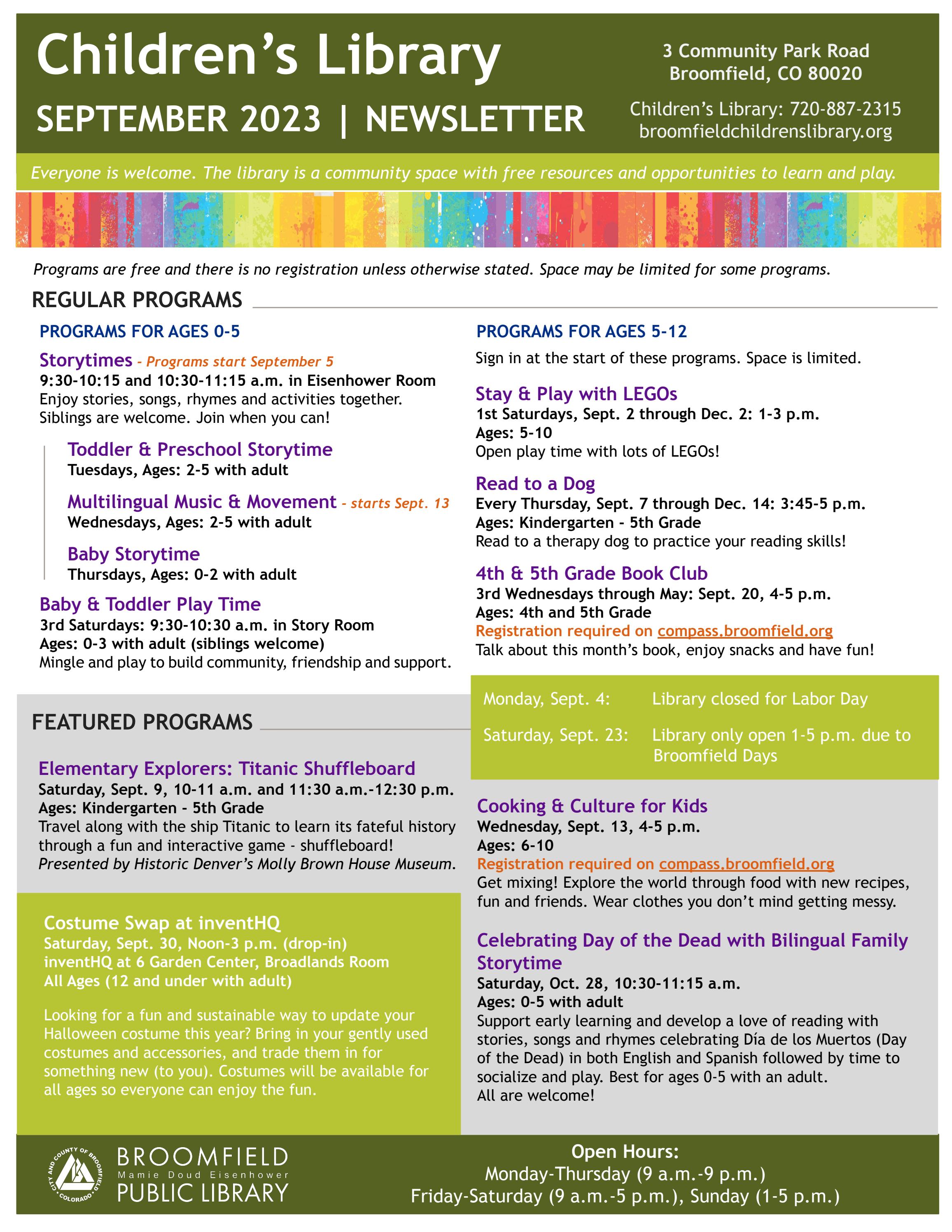 Broomfield Library Children's Newsletter September 2023 by City and