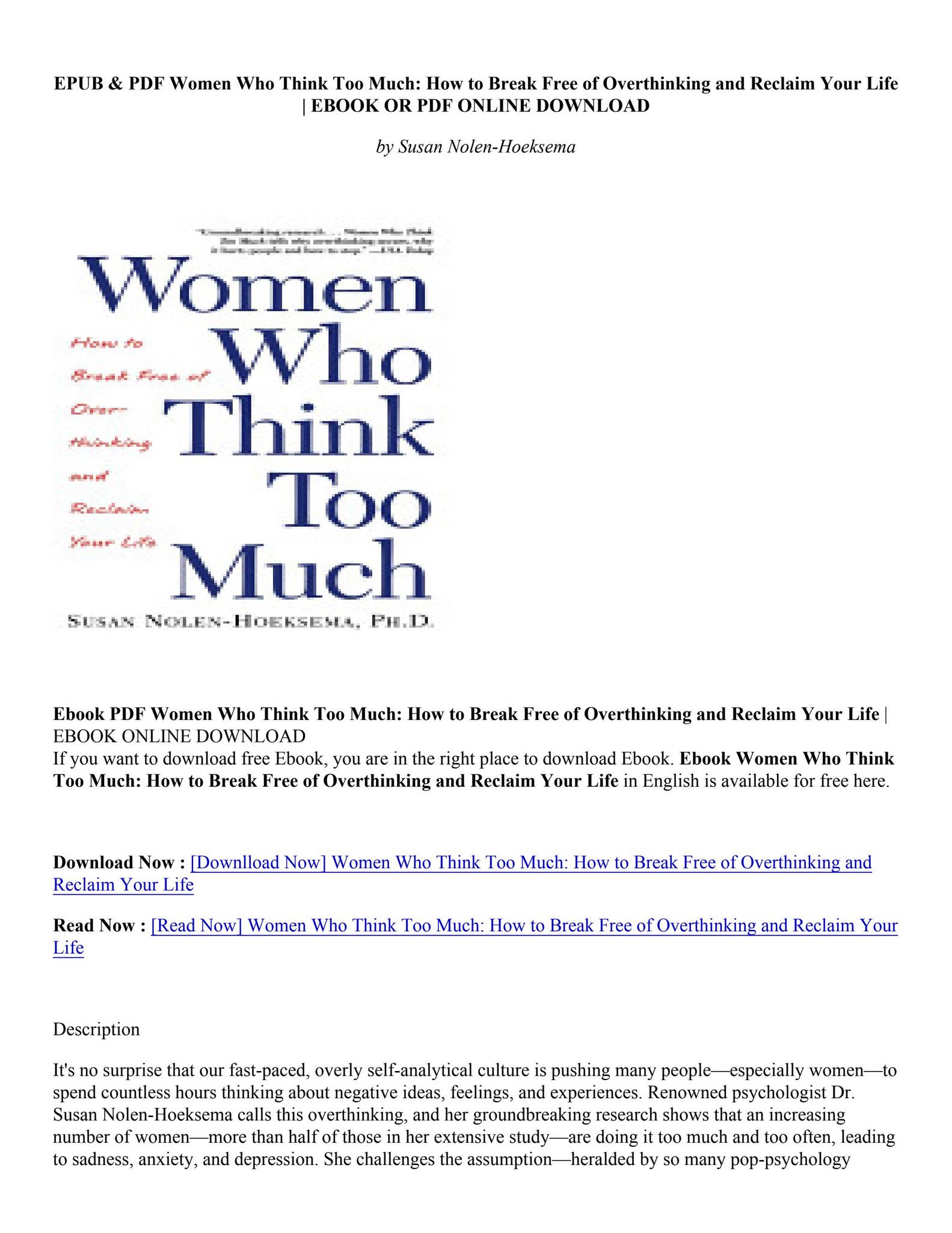 PDF Women Who Think Too Much: How to Break Free of Overthinking and