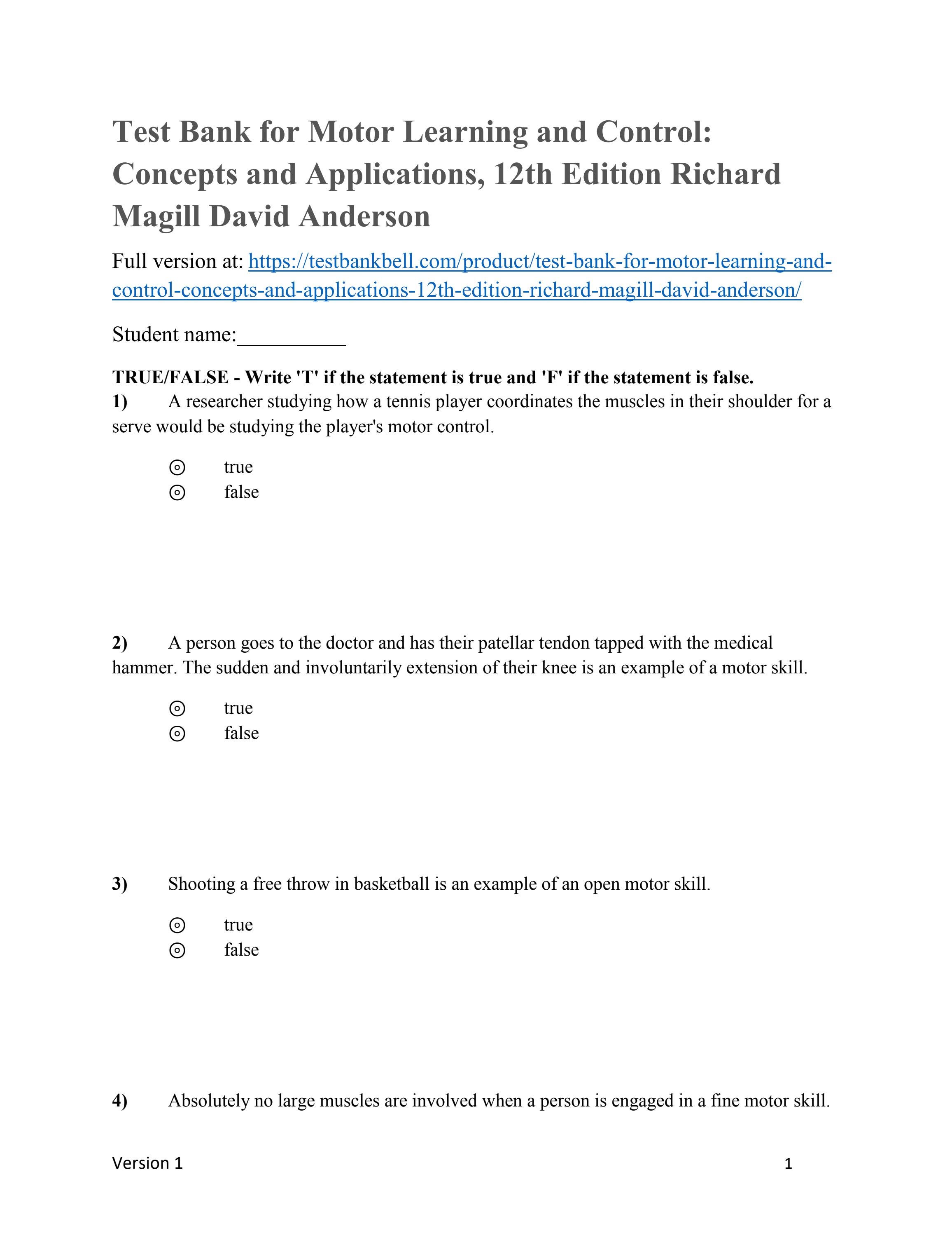 Test bank for motor learning and control concepts and applications 12th