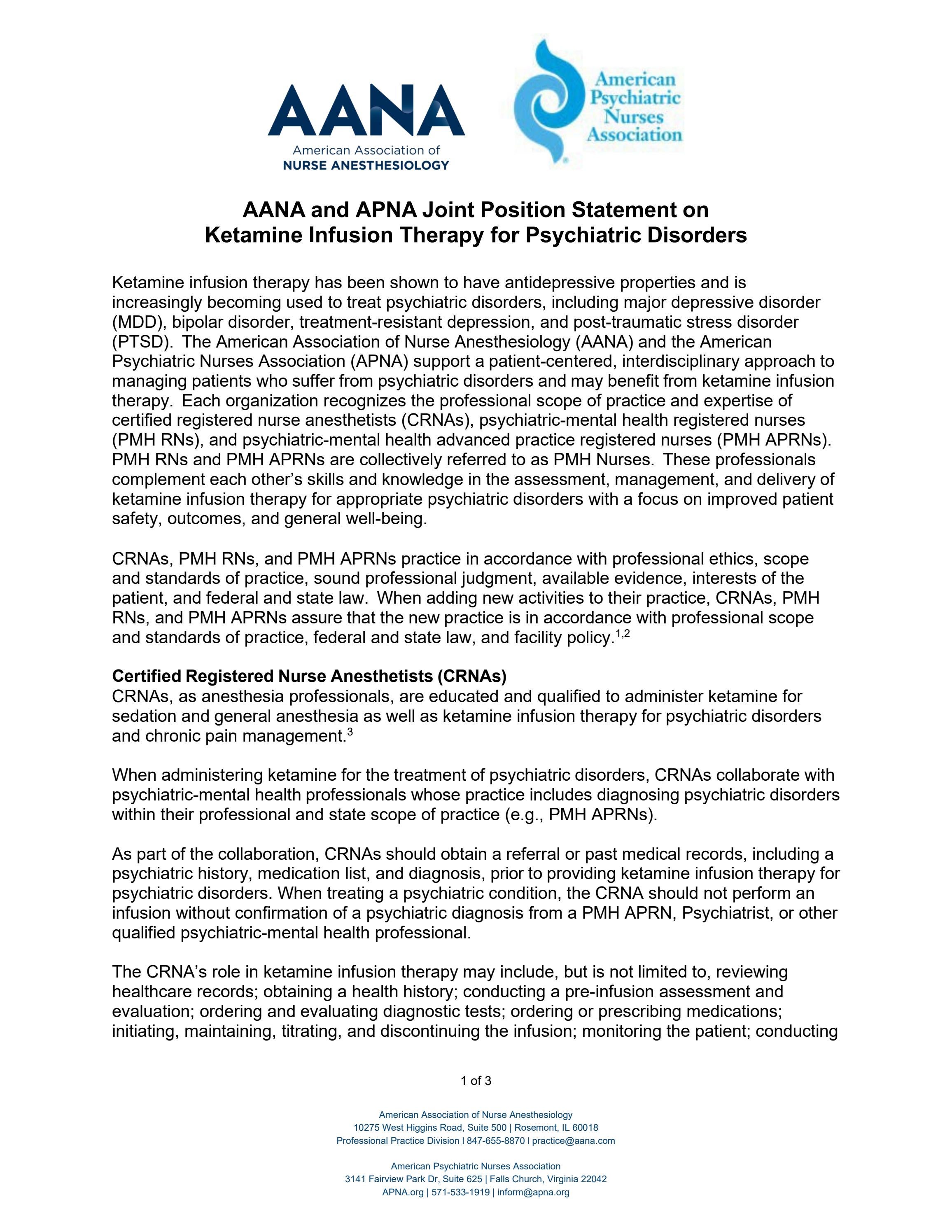 AANA and APNA Joint Position Statement on Ketamine Infusion Therapy for ...