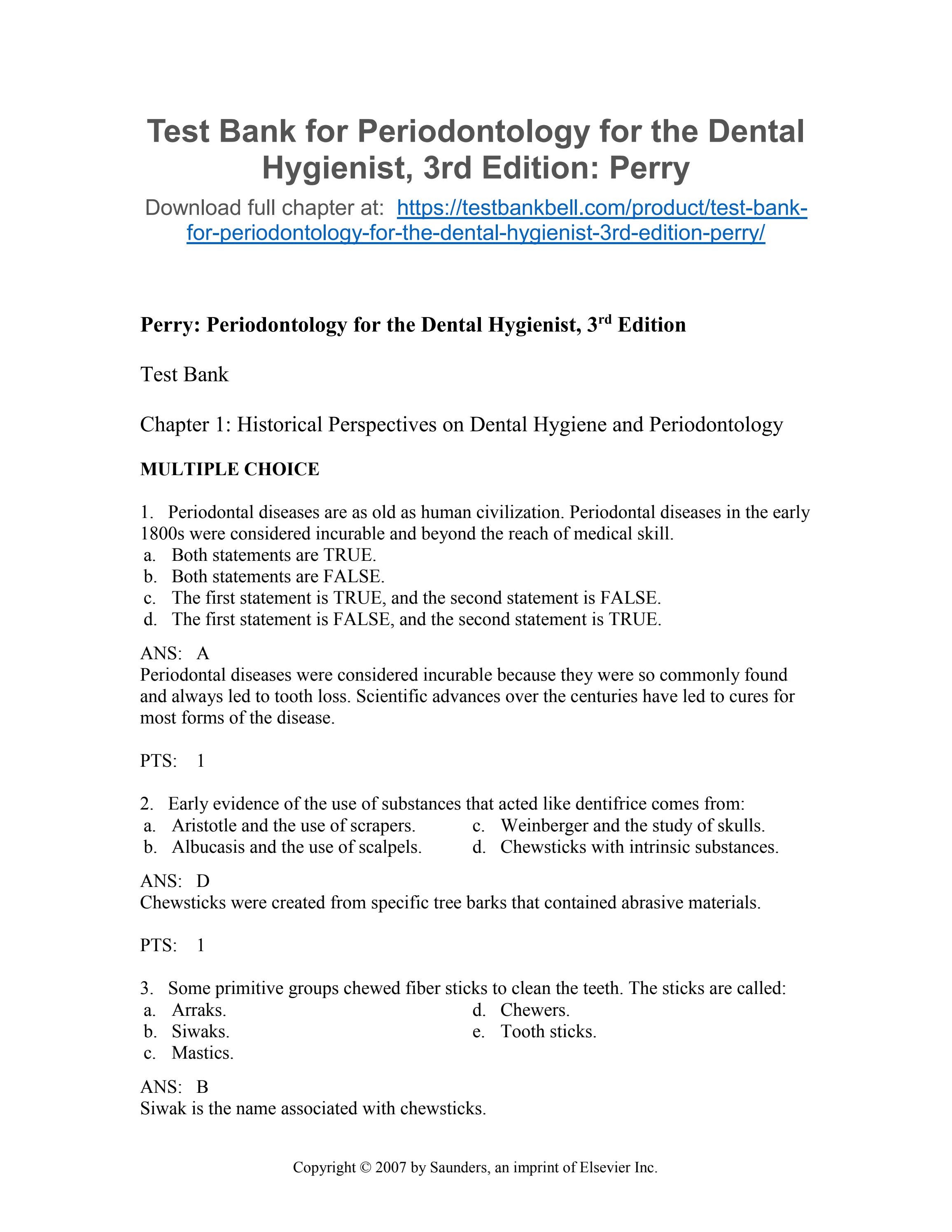 Test bank for periodontology for the dental hygienist 3rd edition perry