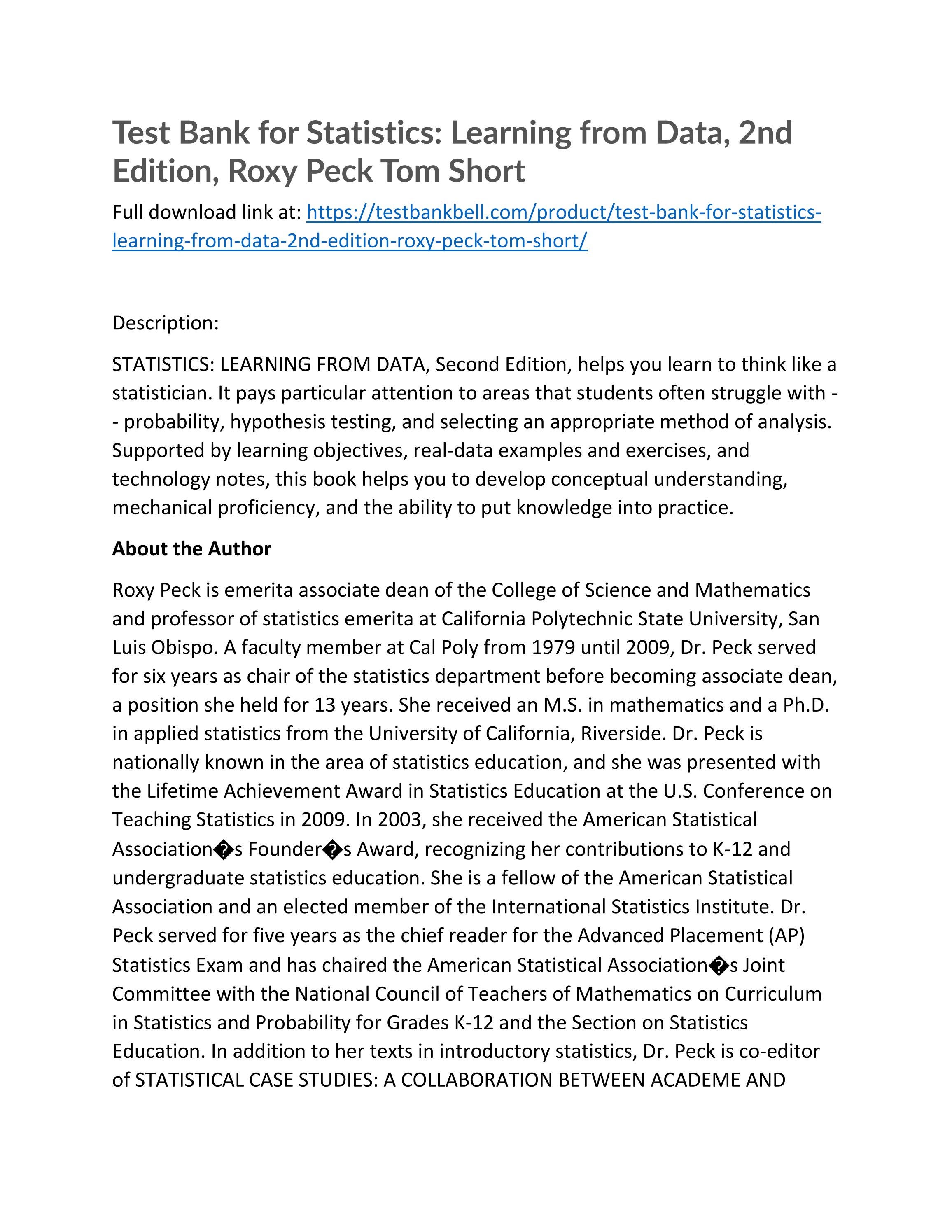 Test bank for statistics learning from data 2nd edition roxy peck tom ...