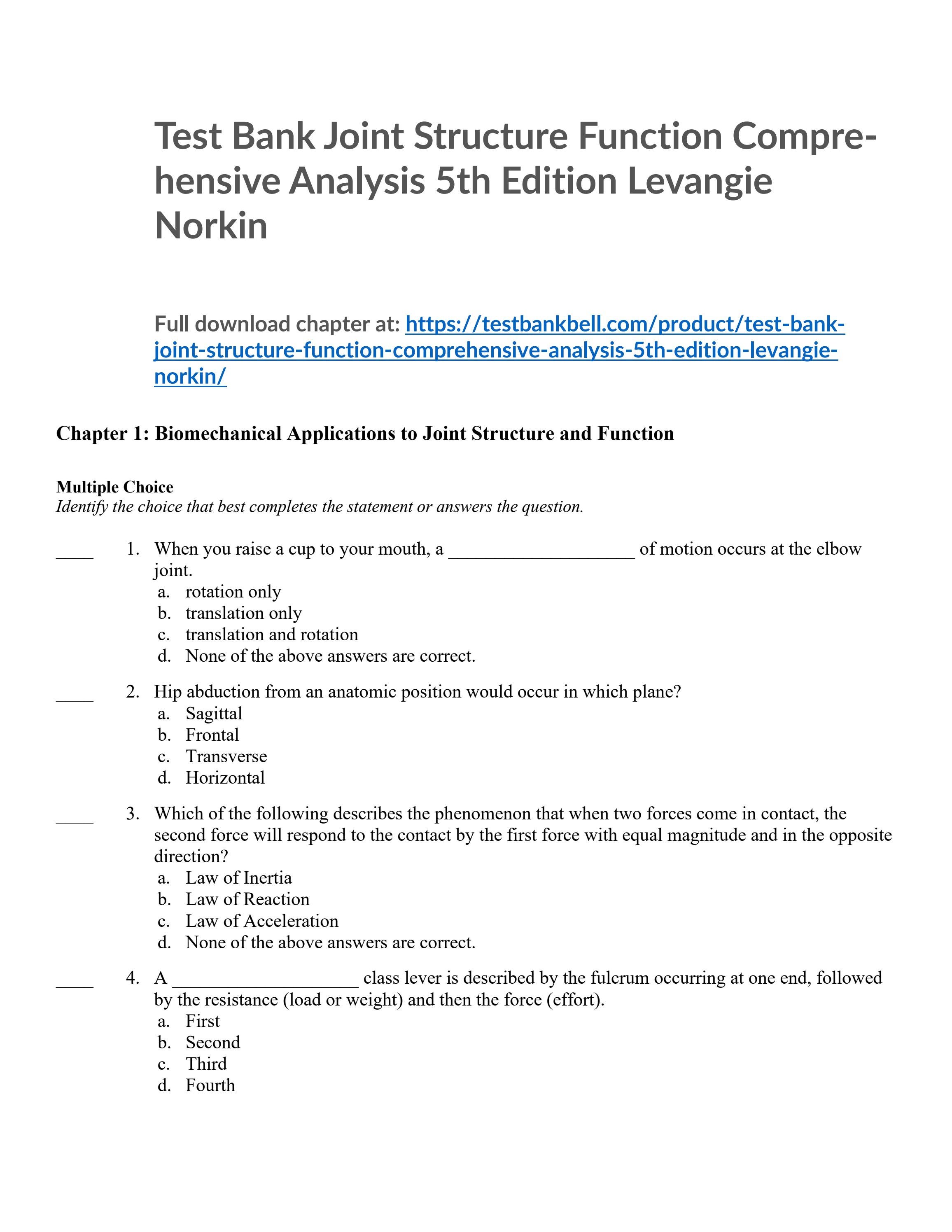 Test bank joint structure function comprehensive analysis 5th edition