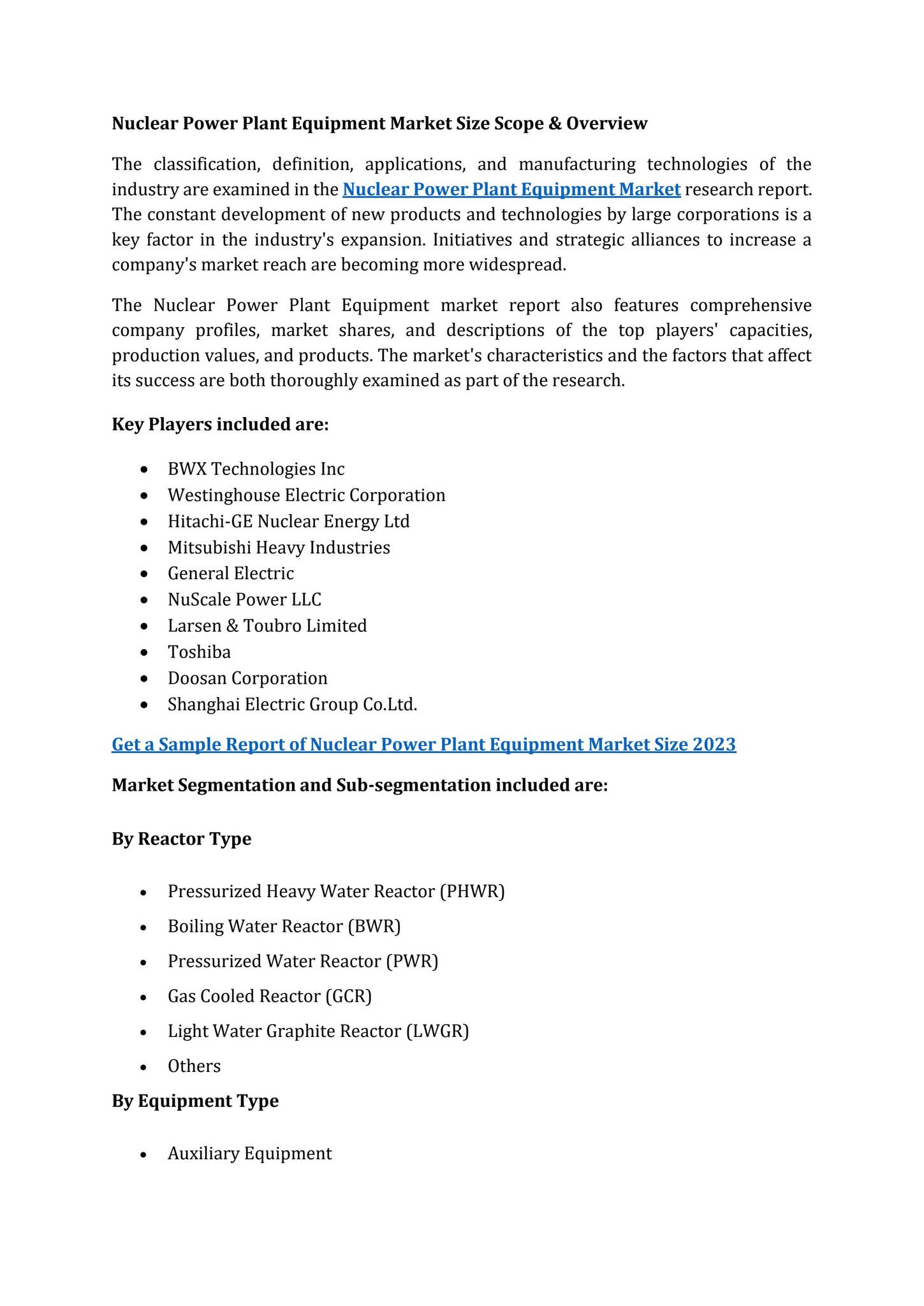 Nuclear Power Plant Equipment Market Size Share, Size and Growth Report ...