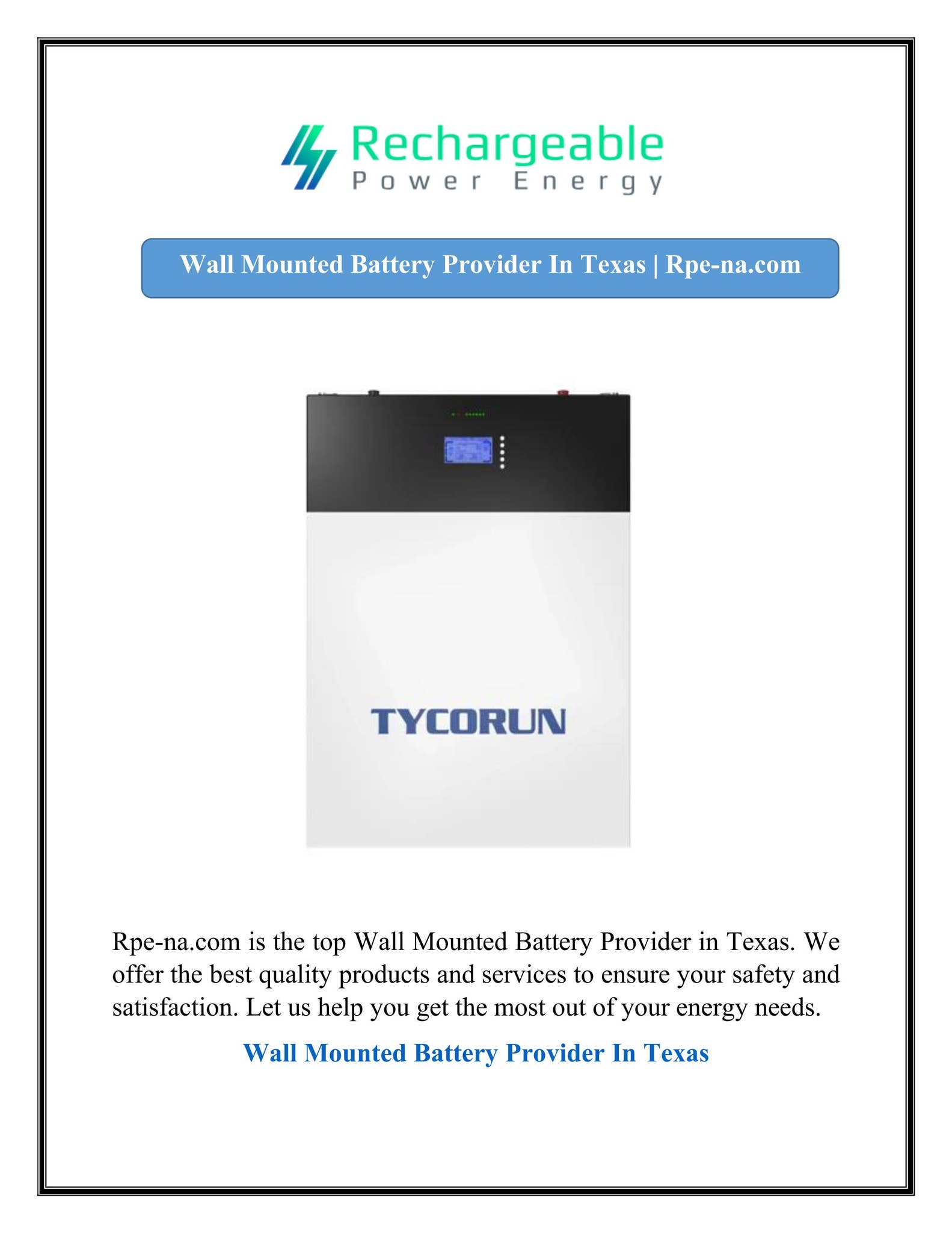 Wall Mounted Battery Provider In Texas | Rpe-na.com by Rechargeable ...