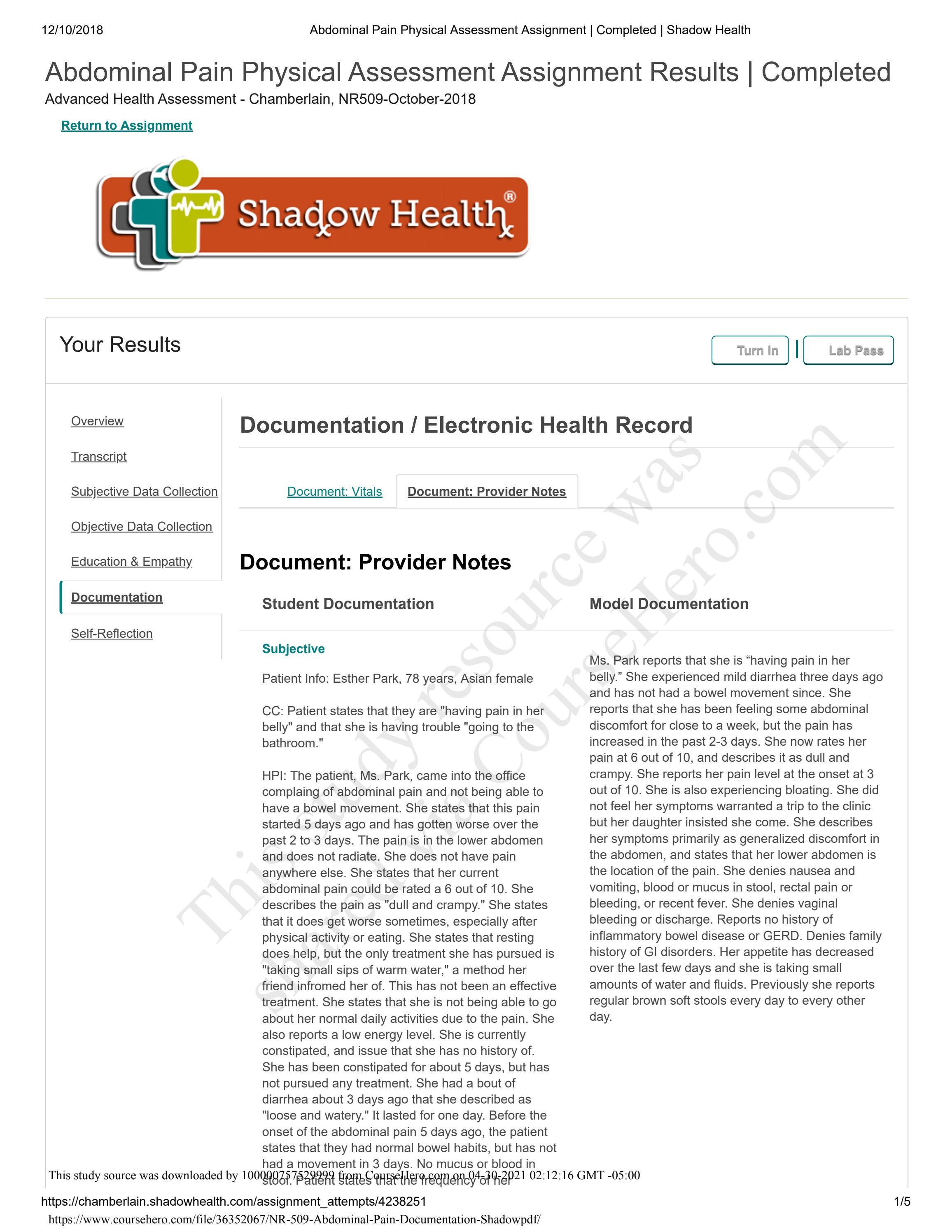 Esther Park Shadow Health - wi9l0q1