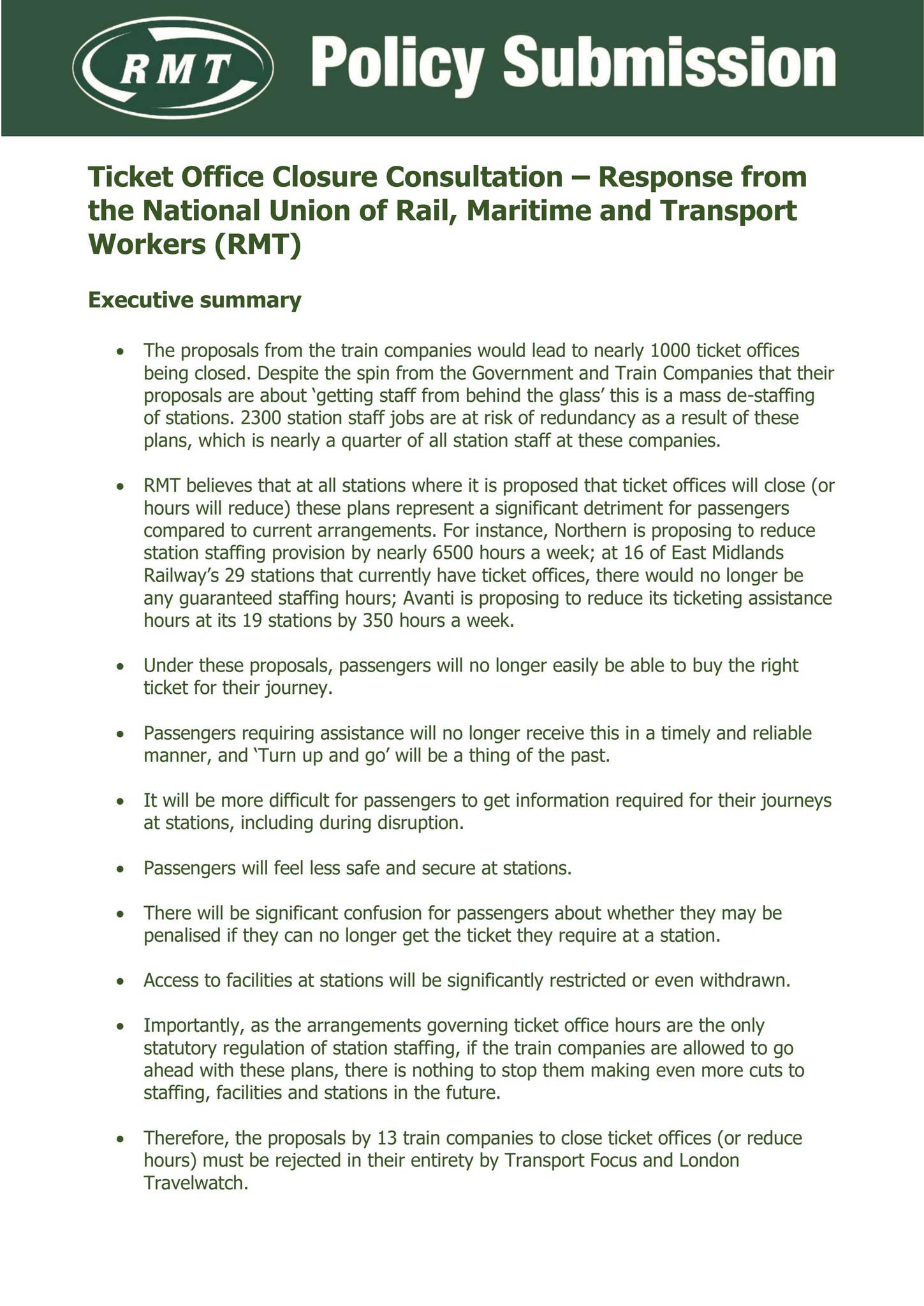 Ticket Office Closure Consultation by RMT Union - Issuu