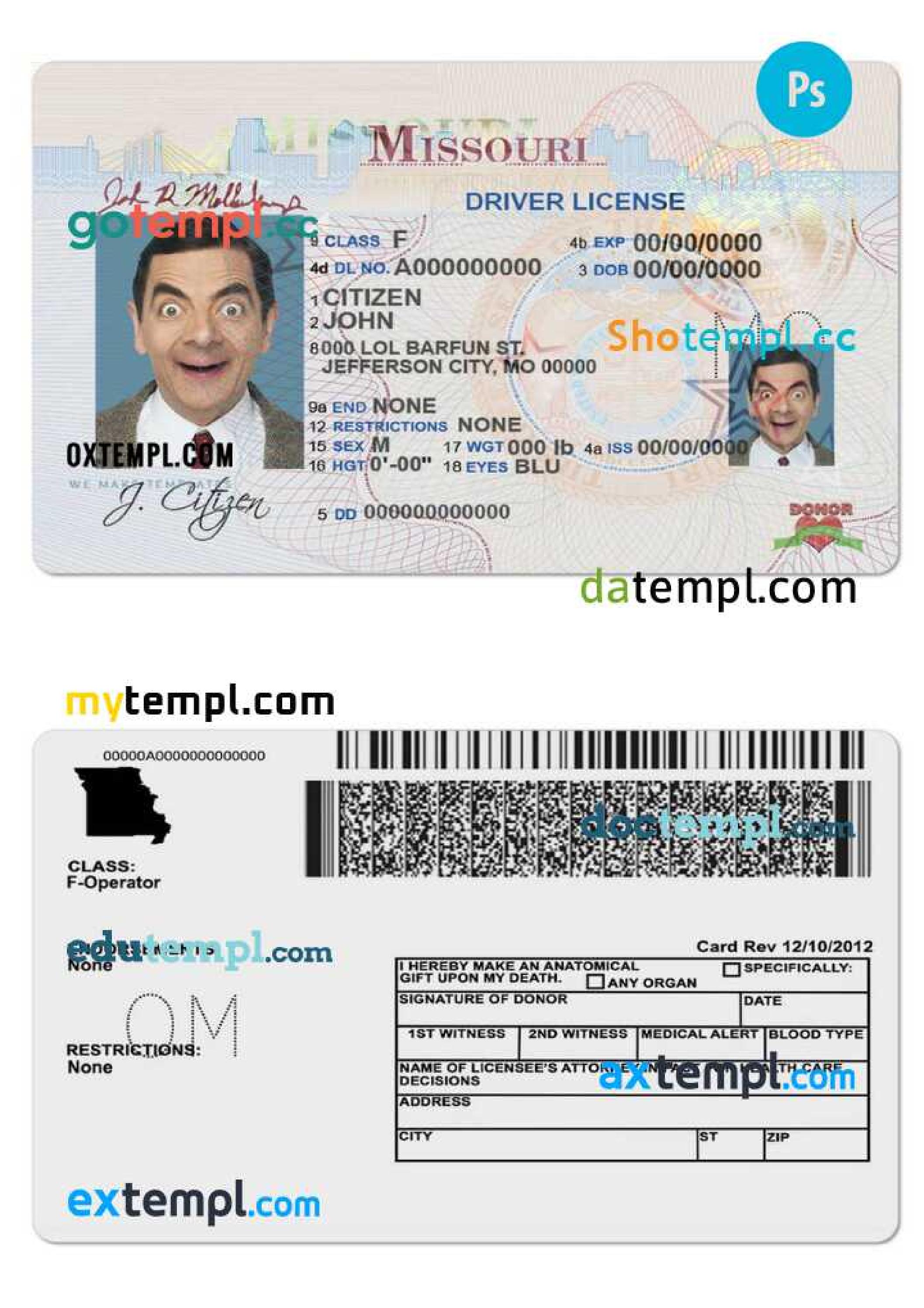 USA Missouri driver’s permit template in PSD format, with the fonts by ...