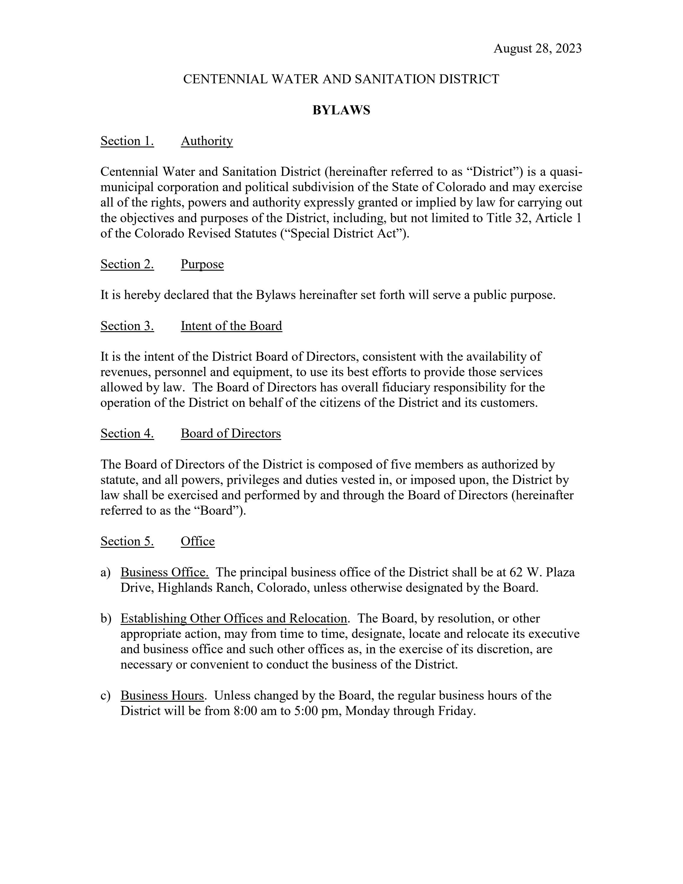 Centennial Water Bylaws August 2023 by Highlands Ranch Metro District Issuu