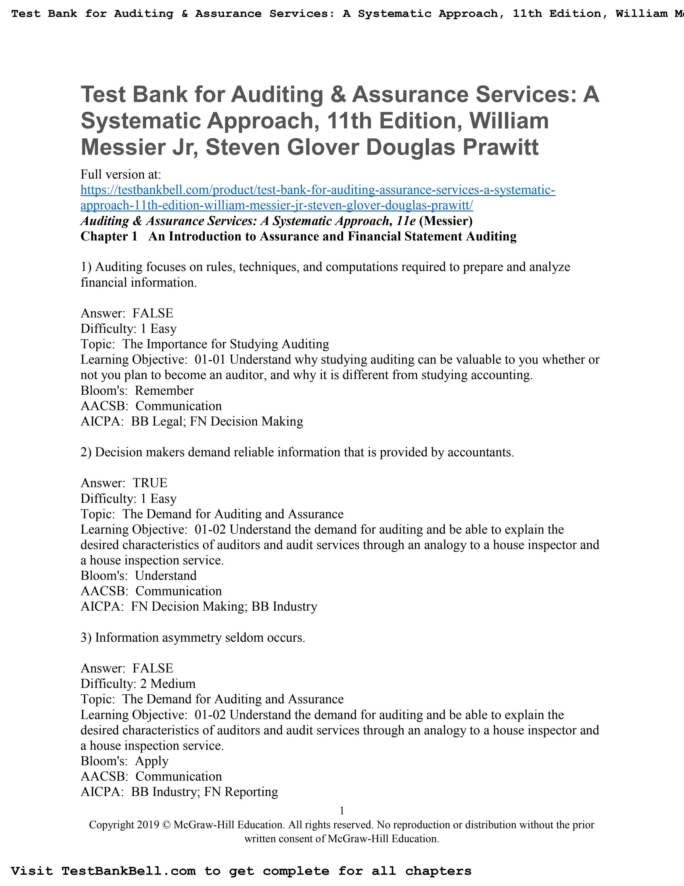 Auditing & Assurance Services: A Systematic Approach Pdf Test bank for auditing assurance services a systematic approach 11th