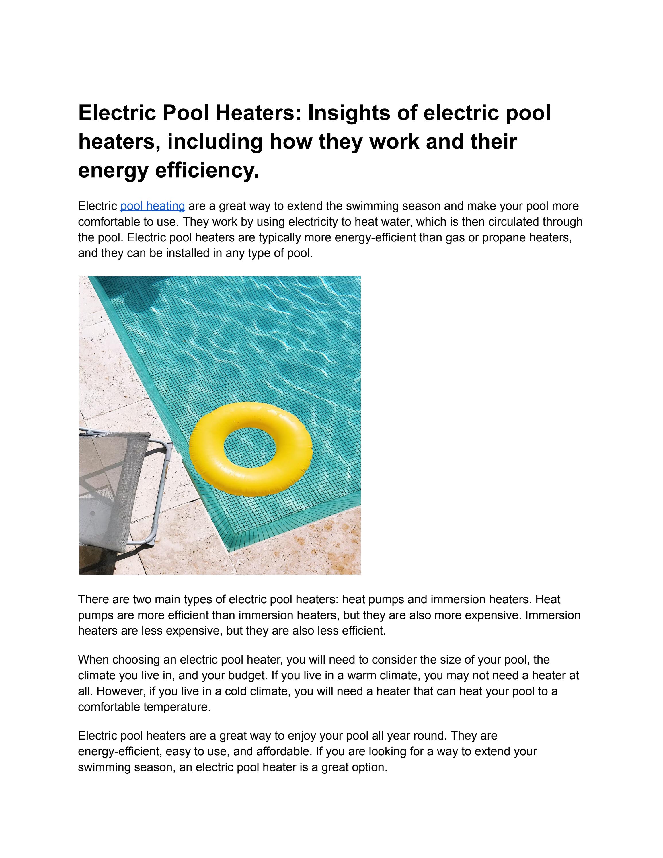 Electric Pool Heaters Insights of electric pool heaters, including how