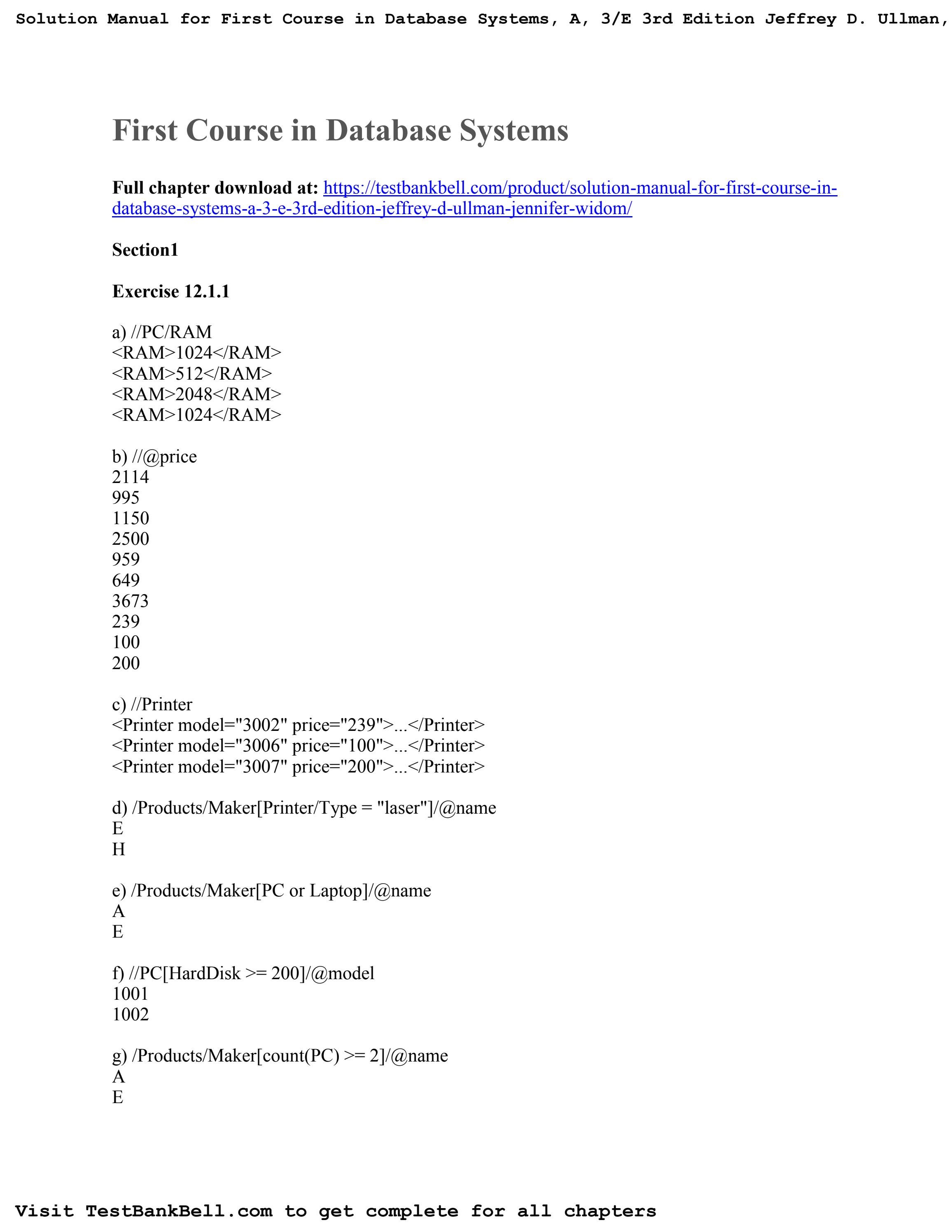 Solution manual for first course in database systems a 3 e 3rd edition