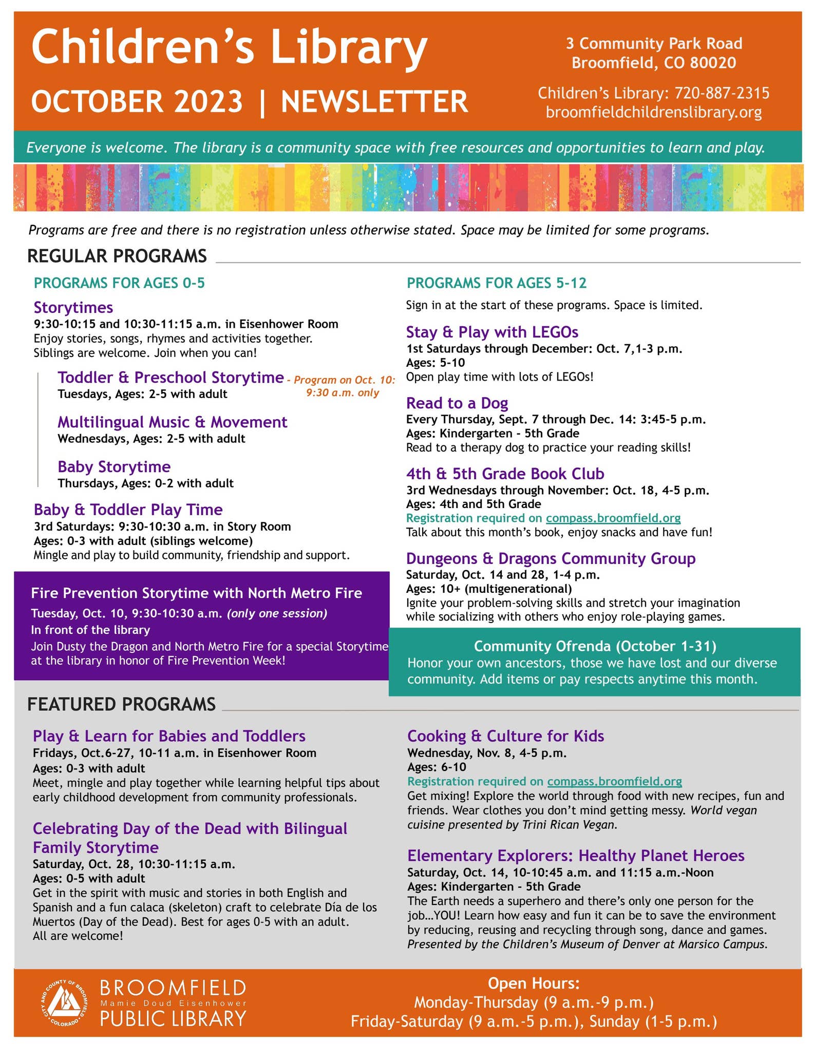 Broomfield Library Children's Newsletter October 2023 by City and