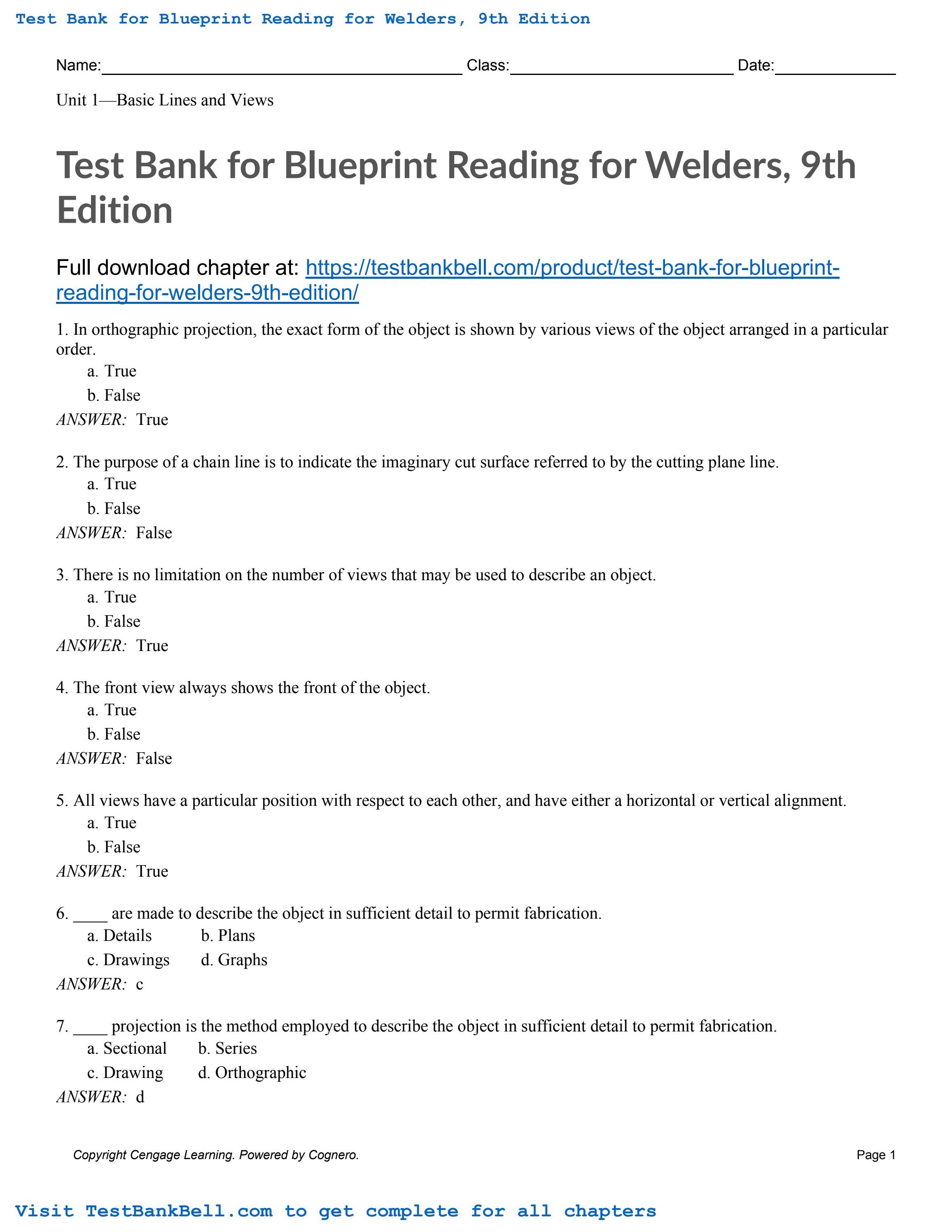 Test bank for blueprint reading for welders 9th edition by tiffany ...
