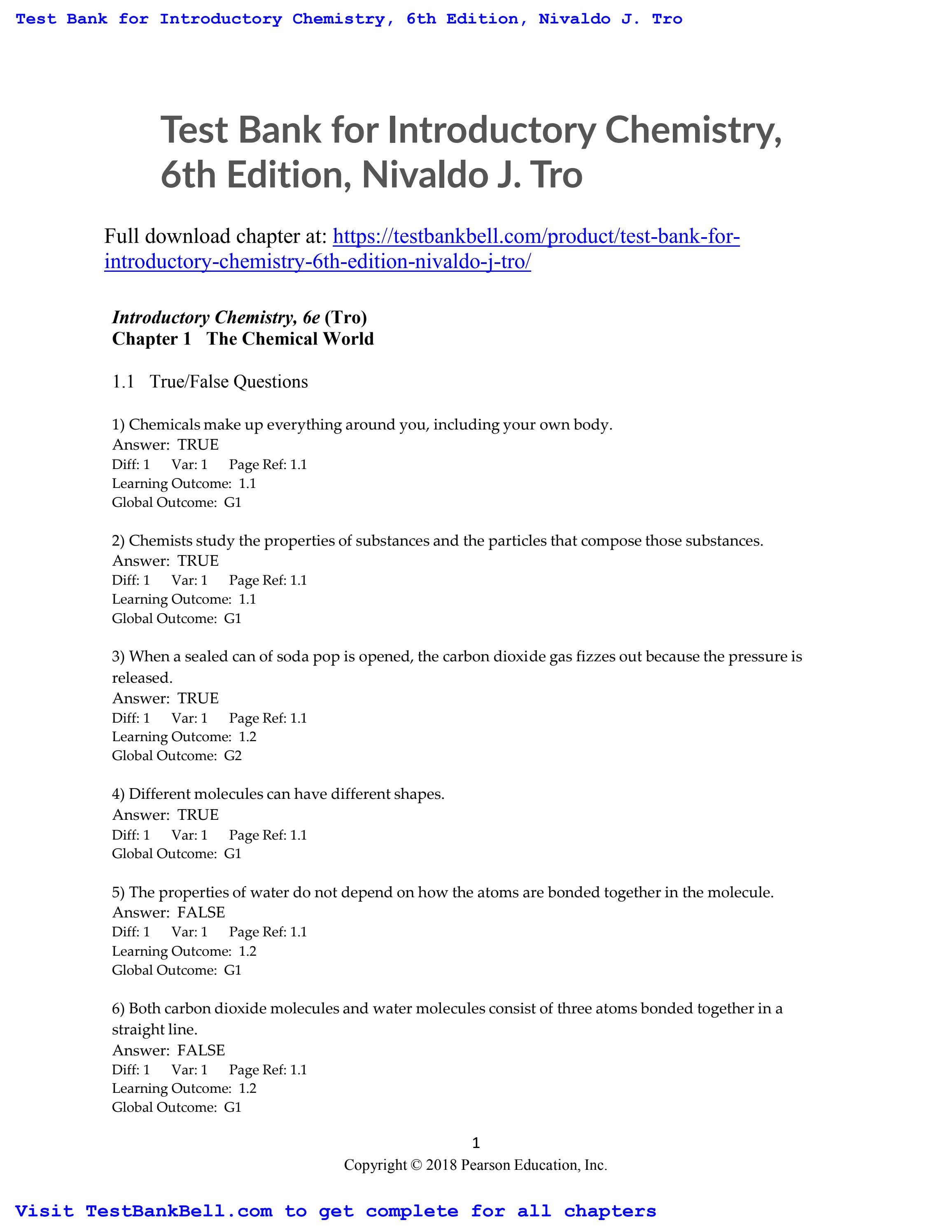 Test bank for introductory chemistry 6th edition nivaldo j tro by edith