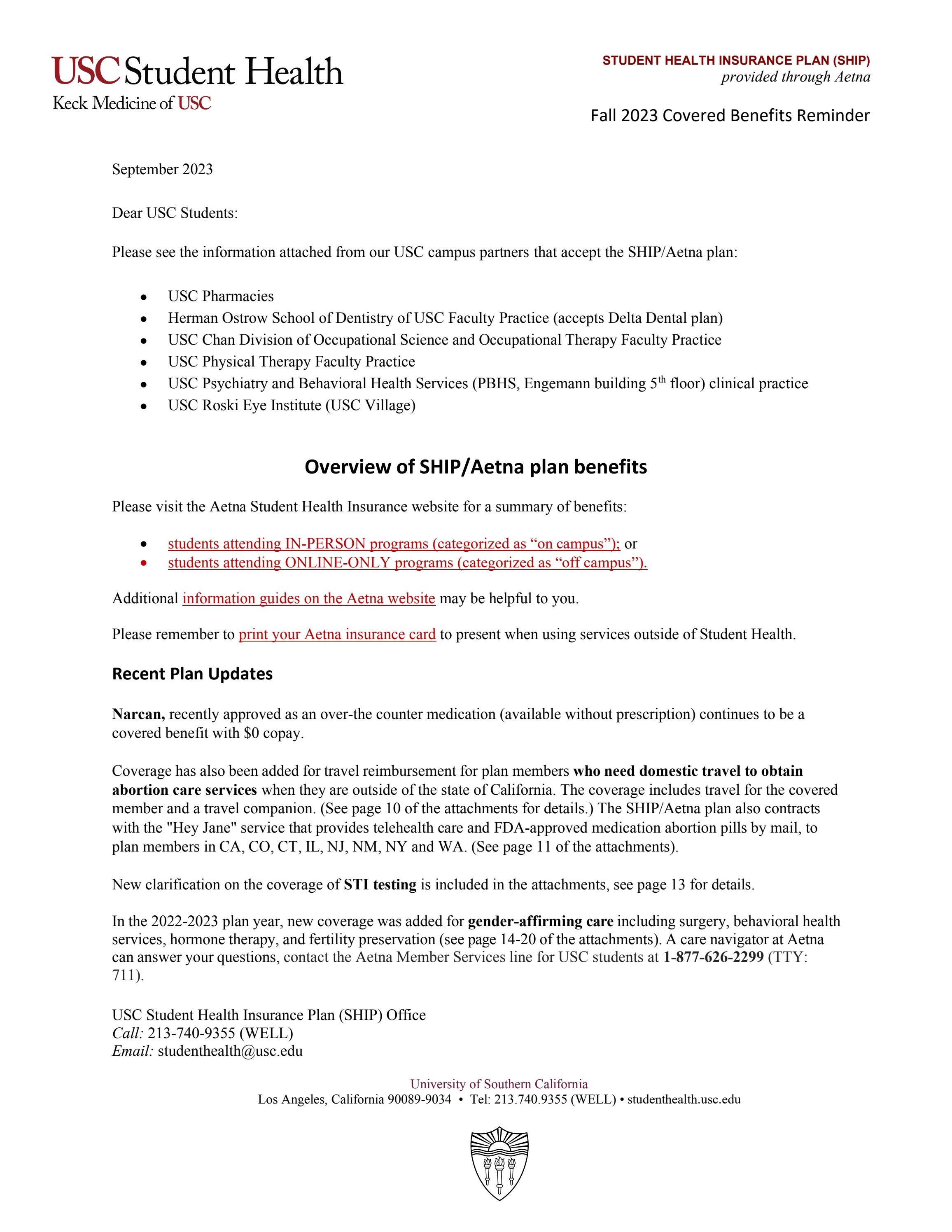 USC Student Health Insurance Plan Covered Benefits through USC