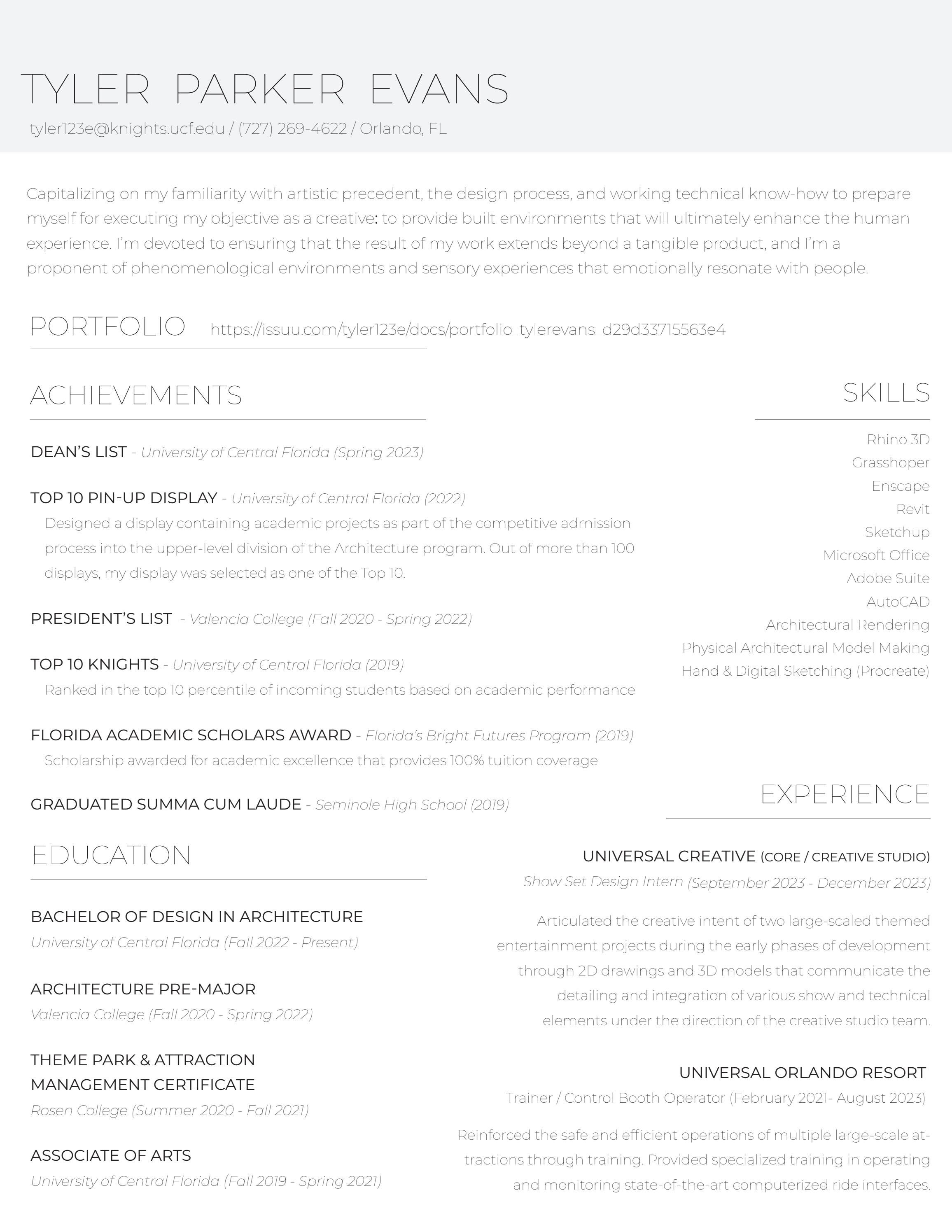 Architecture Student Resume Tyler - Page 1 