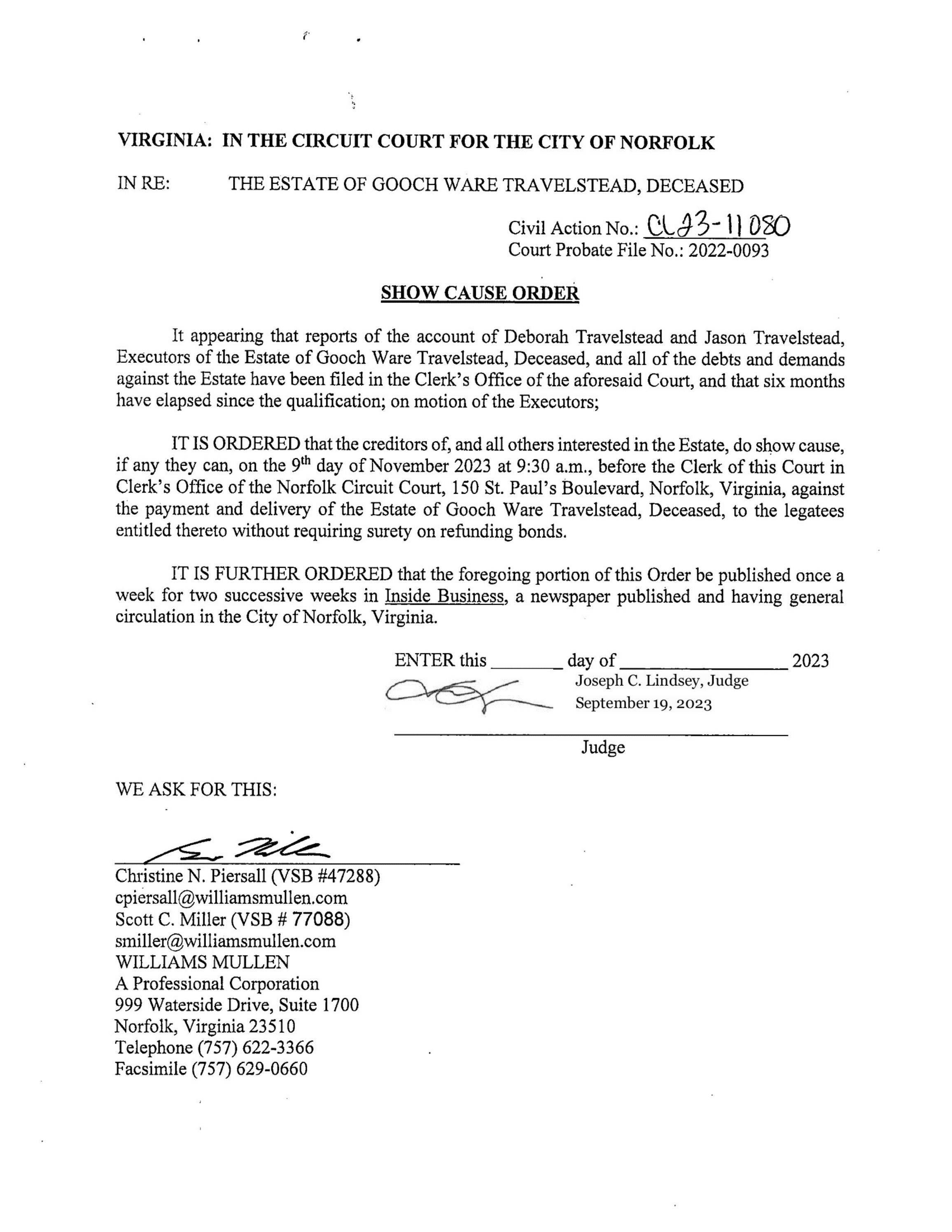 CL2311080 ORDER OF PUBLICATION by Norfolk Circuit Court Clerk's Office