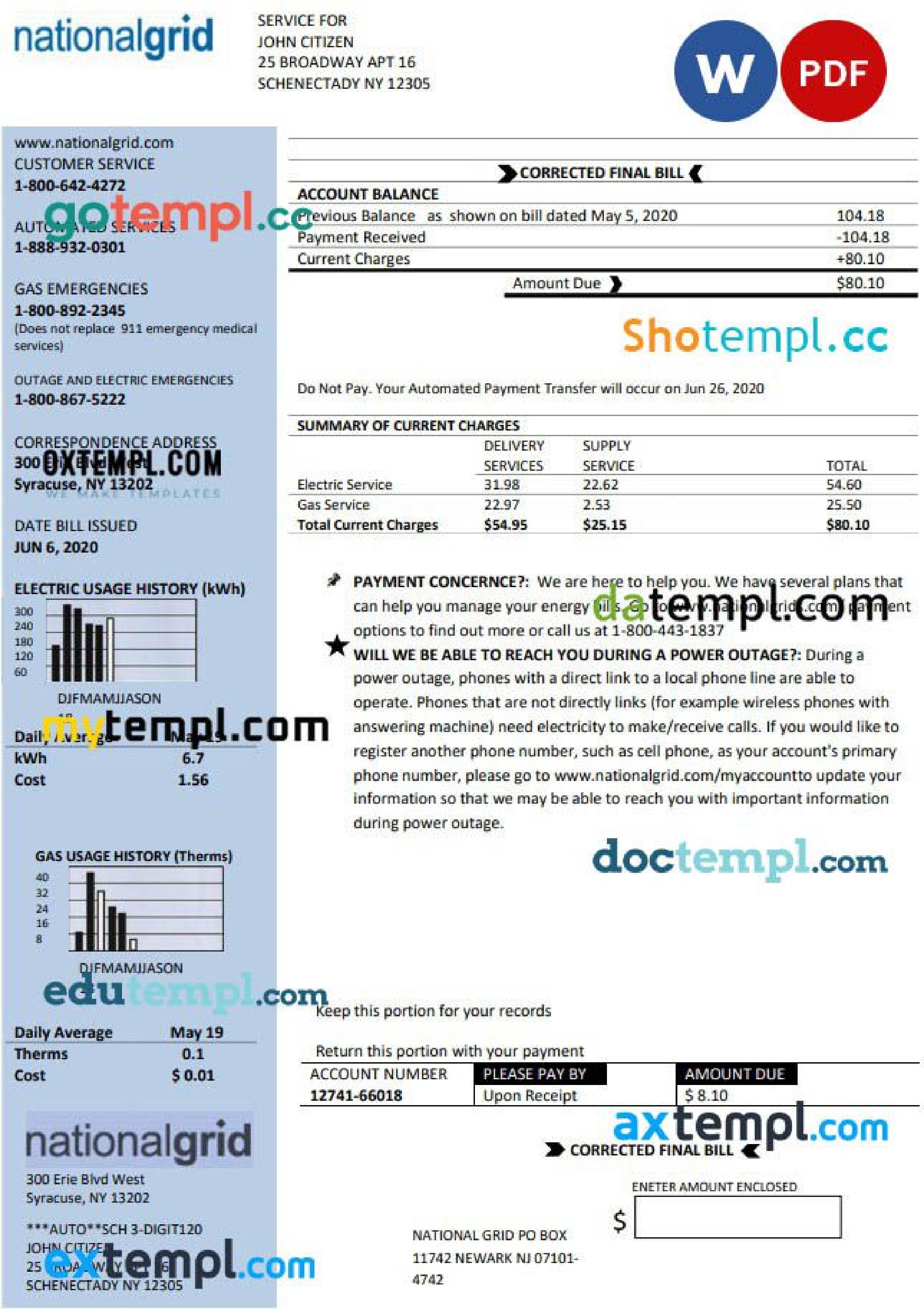 USA New York National Grid utility bill template in Word and PDF format