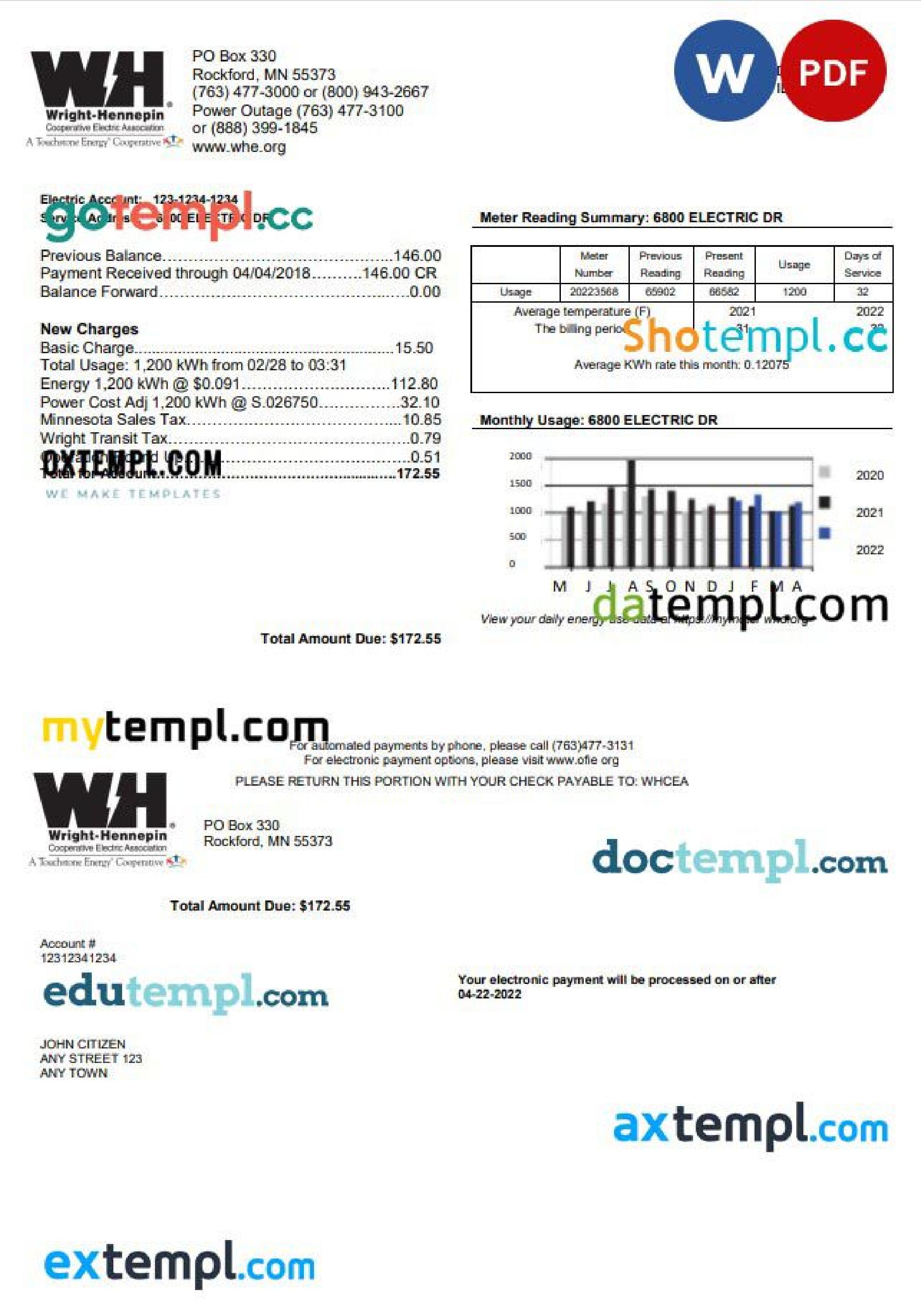 USA Minnesota WrightHennepin utility bill template in Word and PDF