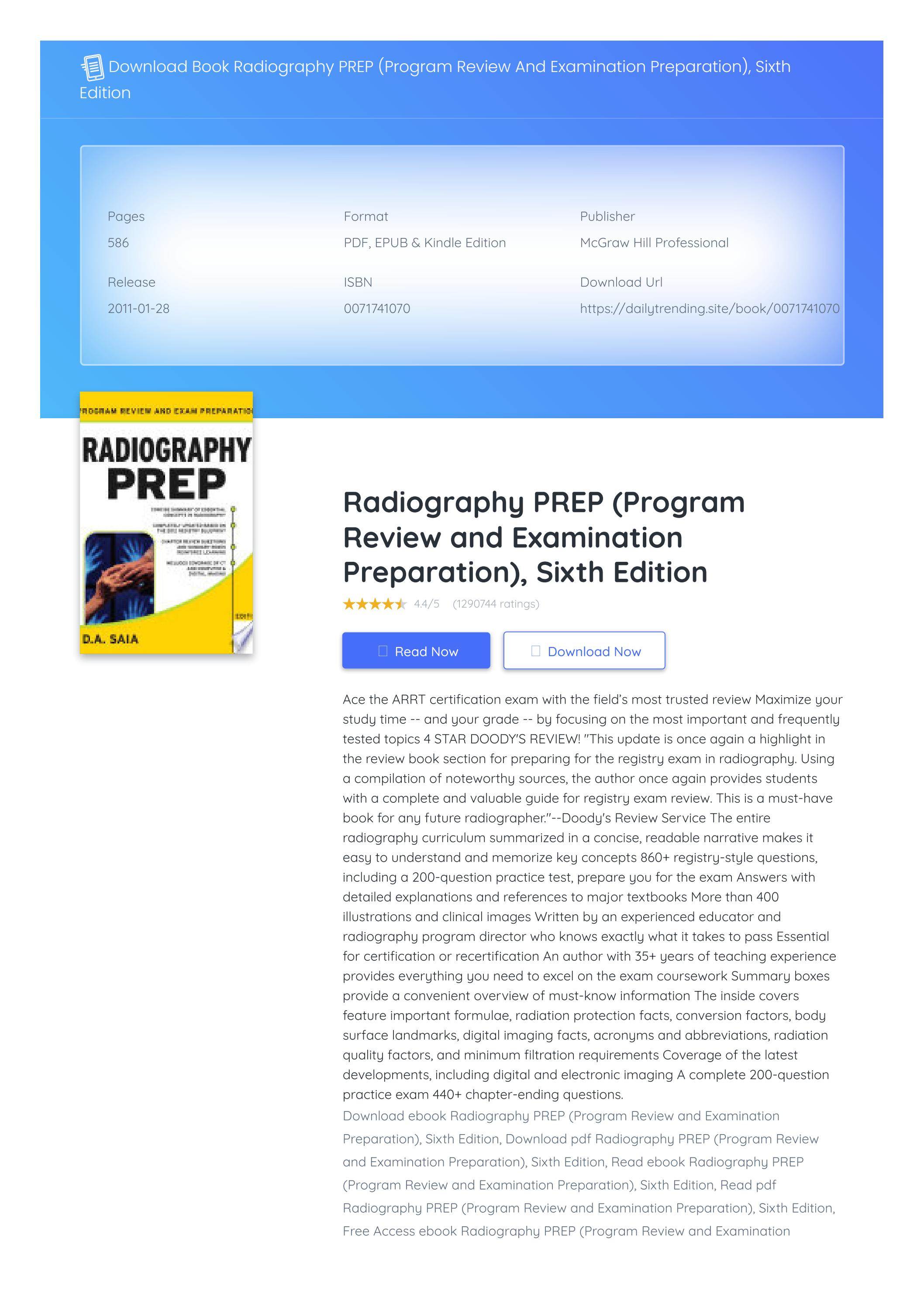 RADIOGRAPHY PREP (PROGRAM REVIEW AND EXAMINATION PREPARATION)2C SIXTH